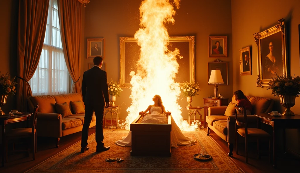 make the image of a perfect wedding then this wedding starts to catch fire and murderers start to kill the guests more blood and death the bride gets stabbed and her dress which was white was soaked in blood she dies