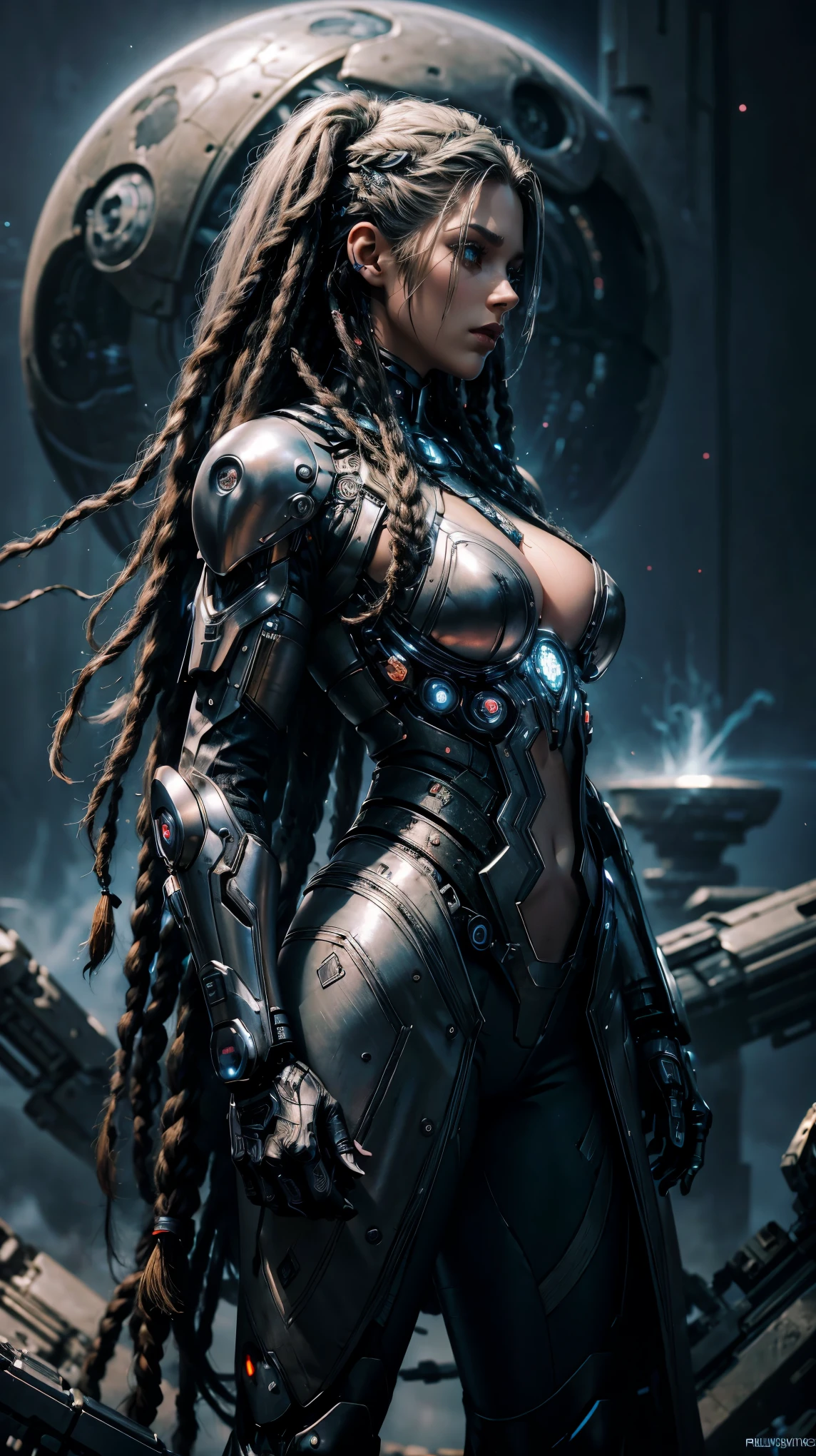  pale girl with long hair and cybernetic dreadlocks,  beautiful face with shiny silver eyes , tattooed, light skin , fog, Evening,  guardian of the galaxy ,  holds an alien weapon ,  coat made of leather and cybernetic parts ,  angry and sexy expression , bluish skin, alien skin ,  Detailed , Big breasts, neckline,  recharged position ,  getting off her spaceship ,  medium black,  close, profile pose
