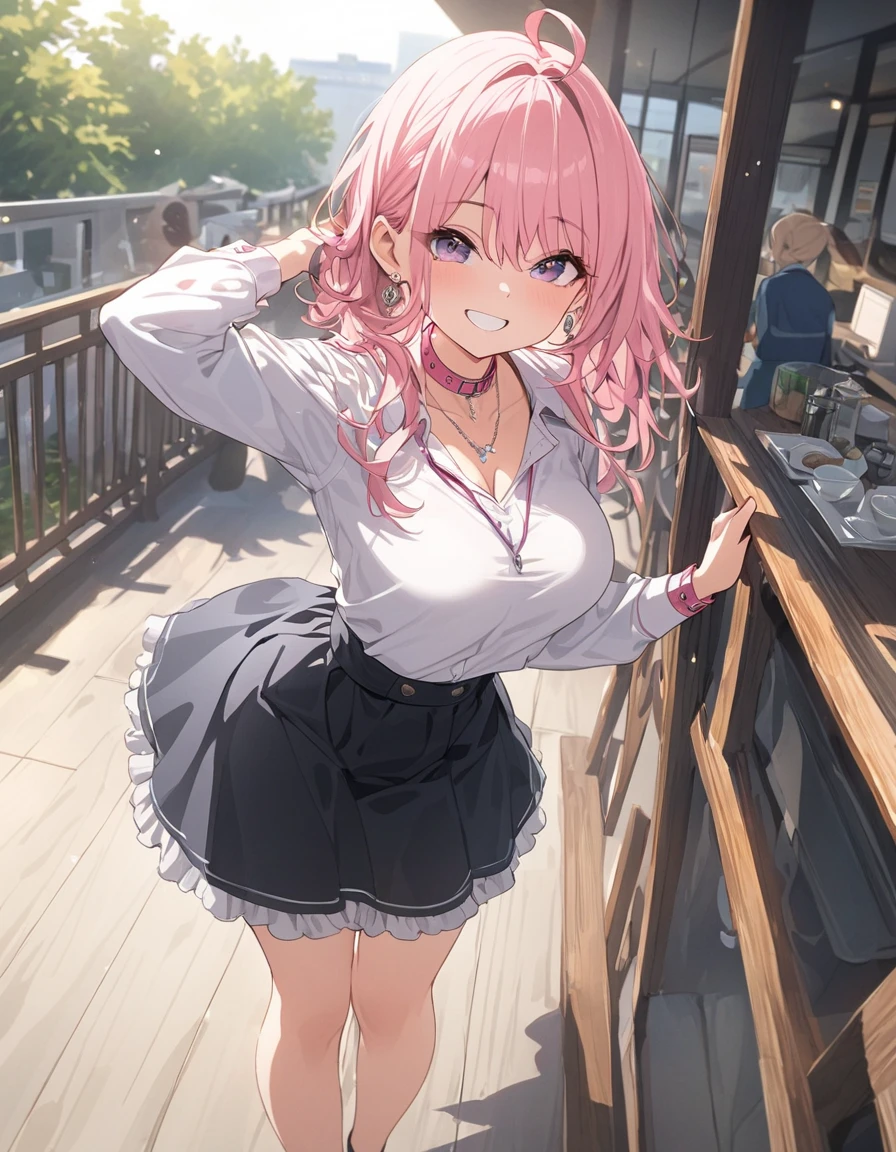 Her hair is shaking a lot in the wind 、 full body photo 、12K、HDR、 Bit depth 10 bits 、 knee-length frill skirt 、masterpiece, beautiful , A woman who exudes adult charm 、 sunlight backlight 、 in the cafeteria 、 model is standing on a terrace 、 bone 、 necklace、 earring、smile、 pink collar shirt 、 and smiles at viewers 、 white teeth visible 、 Random posing 、 random hairstyle 、
