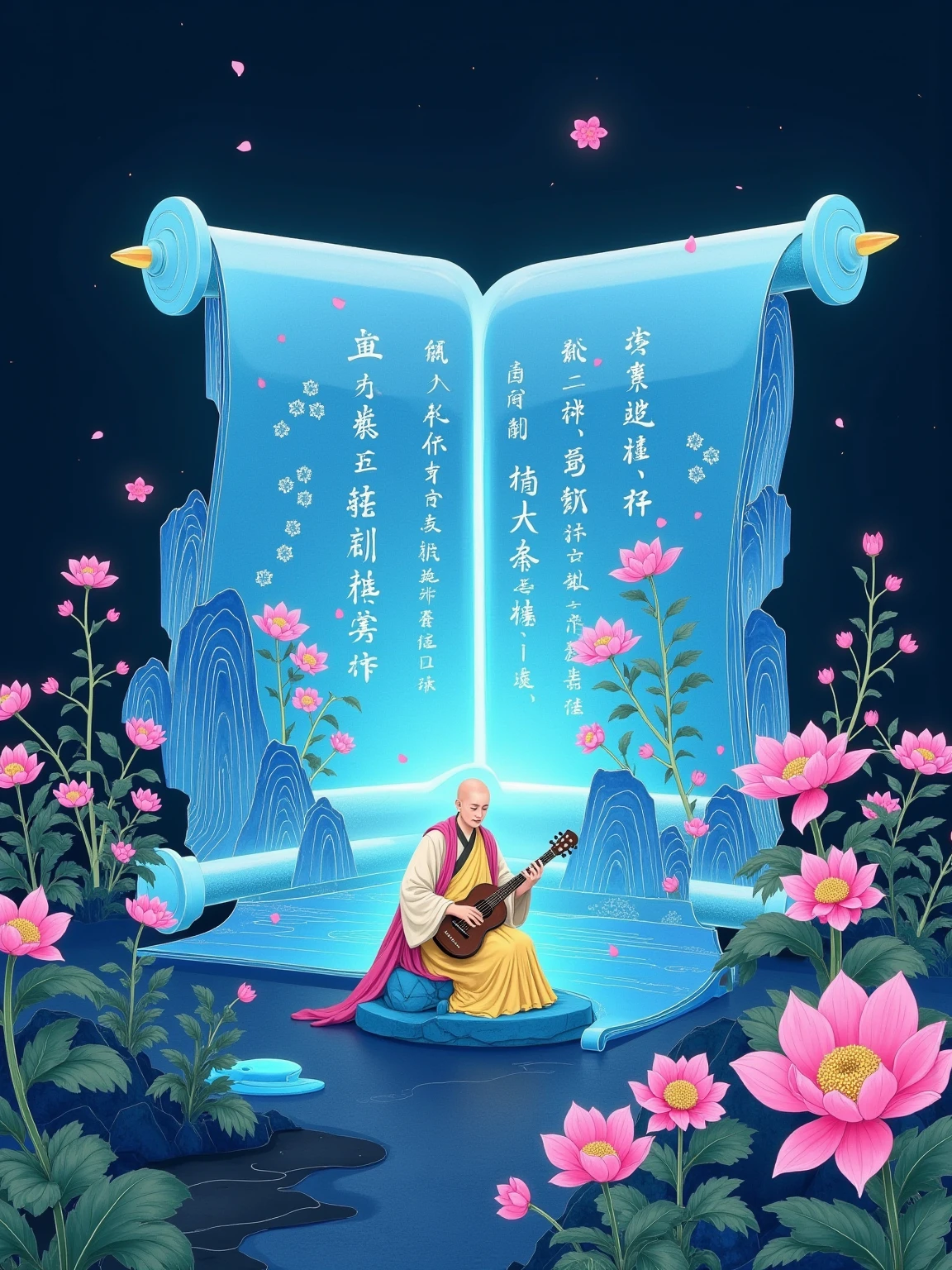  huge hollow transparent scroll ， emits blue neon light ， The book is wrapped in a three-dimensional landscape ，立体Miniature Landscape， flashing light blue light ， A bald monk sitting ， There is a blank space at one end of each page ， filled with Chinese calligraphy ，Cold background，Close shot，side，聚焦卷轴裹着的立体Miniature Landscape， Extreme Details ，Ancient Scrolls， professional photography techniques and high-definition camera creations，Miniature Landscape，miniature sculpture ， exquisite paper-cutting process effect ， meticulous stroke art style 