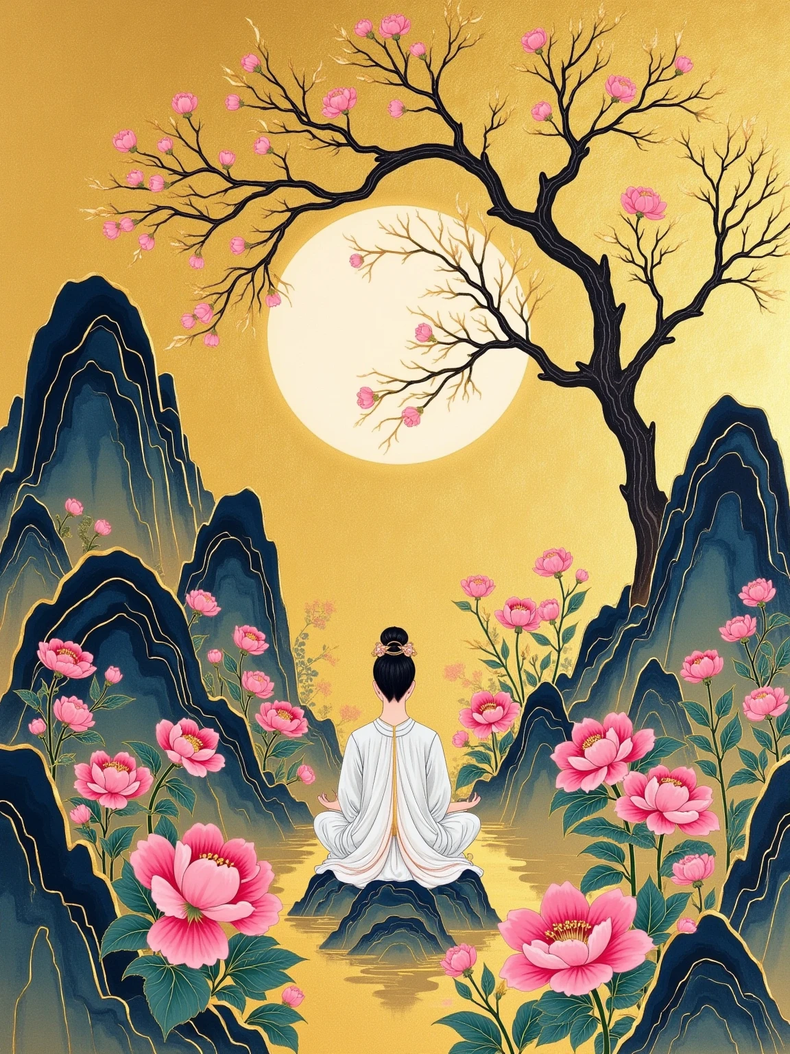 (((Gold foil rock painting))), minimalism, ink artistic conception, low saturation color presentation, simple and atmospheric, high brightness color matching, (((elegant watercolor painting))), (((gold outline)) ), showing the Chinese artistic conception, Under the smudge of ink, the background is golden trees, ((There is a practitioner meditating from behind under the tree)), (((front view))), (front facing the audience: 1.6), creating an epic scene with super beautiful light effects , the picture is high-definition, and a large area is left blank