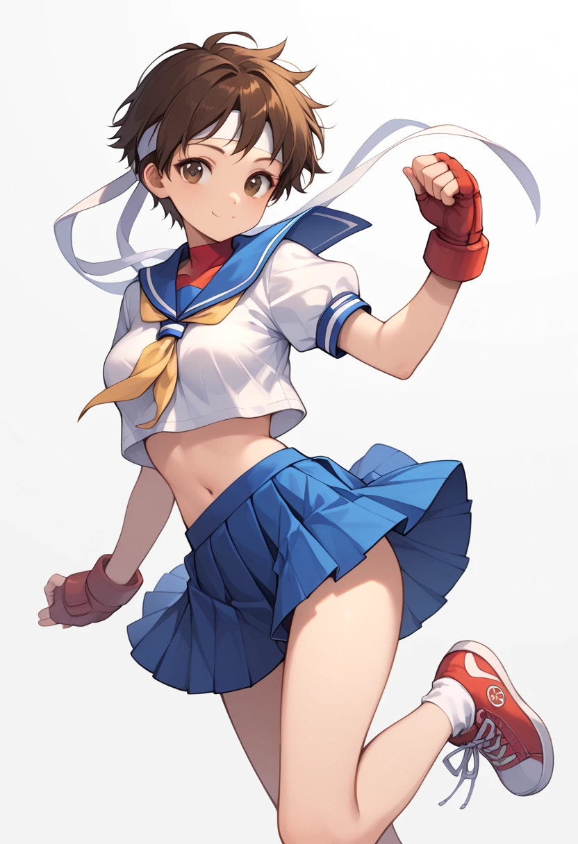 (score_8, score_8_up,masterpiece,highest quality, Perfect Anatomy, Exquisite detailed:1.3) (realistic:0.5) 1 girl,sakura kasugano, brown eyes, brown hair, short hair, ankle socks, blue skirt, crop top, headband, midriff, miniskirt, navel, sailor collar, school uniform, shoes, short sleeves, skirt, sneakers, socks, stomach, shirt, white shirt, white headband, gloves, red gloves, cute face, busty (half closeeyes:0.3), YOUNG, CUTE, SEXY