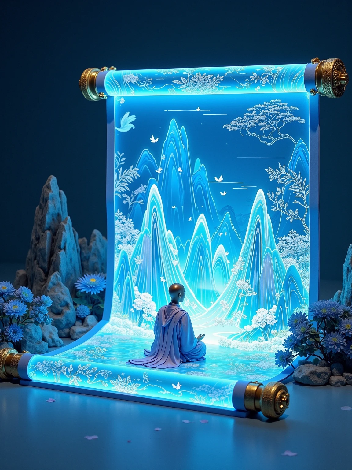 A huge hollow transparent scroll exudes blue neon light. The scroll is wrapped with three-dimensional landscape architecture. The three-dimensional miniature landscape shines with light blue light. A bald monk meditates. There is a blank space at one end of each page. , written in Chinese regular script, Cold background, close shot, side view, focus on three-dimensional miniature landscape wrapped in scroll, extreme details, ancient scroll, professional photography technology and high-definition camera creation, miniature landscape, miniature sculpture, exquisite paper-cut craft effect, meticulous stroke art style