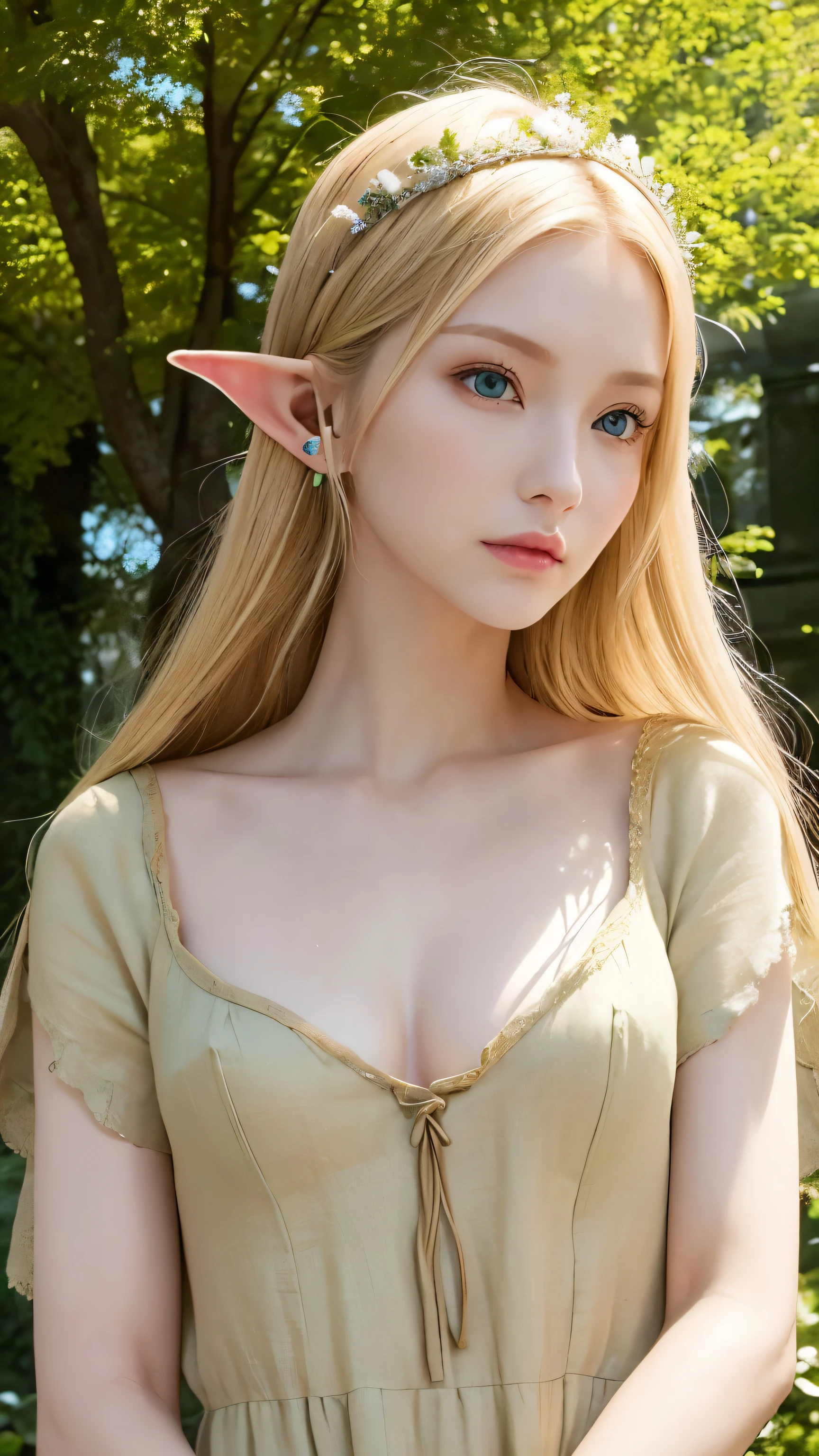 look at viewer, full upper body, (very huge breasts, erect nipples), elf ears, elf woman, naked, green bright eyes, 1girl, white skin, diamond face shape, Hot topics on artstation, Fantasyart, portrait of an elf queen, Belle peinture de personnage, Stunning character art, Epic and beautiful character art, blond-haired princess, medieval princess, fairy queen, fantasy art style, cinematic lighting, masterpiece, accurate, anatomically correct, textured skin, super detail, high details, highres, 8k, house, wood house, room