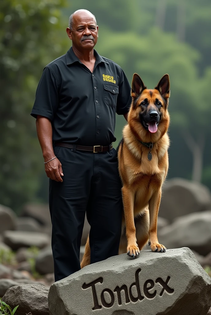A PAPUA NEW GUINEAN man wearing a long black pant with a black button shirt on shirt pocket is a name written a GDSS with yellow writting a german sheperd standing on his side with a chain and a name written as TONDEX on a big stone