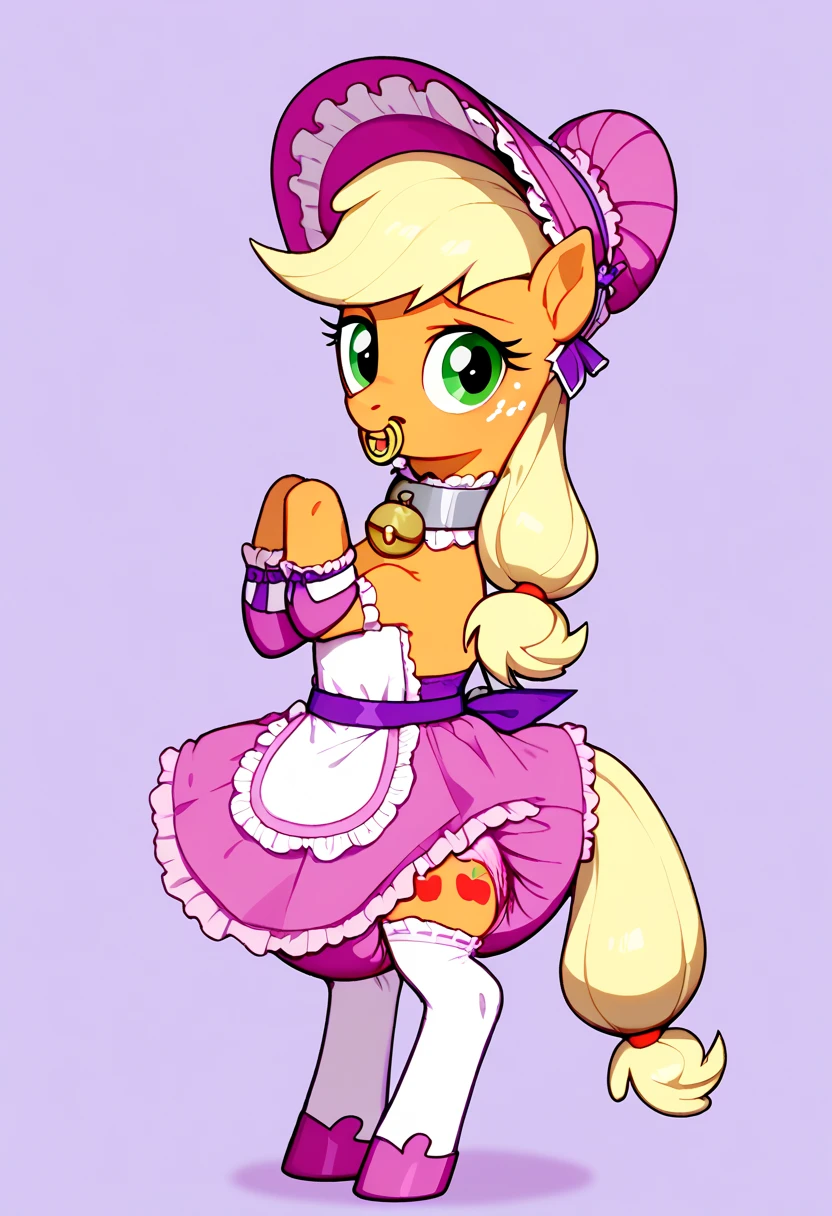  earth pony in private , adult mare, Applejack , , the mane is gathered in a dark pink bonnet ,  purple eyes , stands on four hooves ,  wide open back hooves ,  dressed in a fancy pink dress with ruffles and frills with a short skirt ,  around the neck, a white bib with gold trim on the edges with pink lettering in the middle :  x} “stupid guilty filly” ,  steel collar with a purple tint and a bell with a sad sun tag under the bib,  white stockings and pink booties over hoof socks ,  a large golden pacifier in the mouth with straps , thick diaper under clothes,  pink plastic panties over a diaper , solo,  simple background.