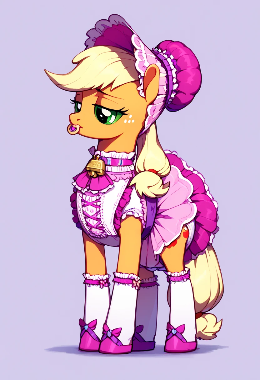  earth pony in private , adult mare, Applejack , , the mane is gathered in a dark pink bonnet ,  purple eyes , stands on four hooves ,  wide open back hooves ,  dressed in a fancy pink dress with ruffles and frills with a short skirt ,  around the neck, a white bib with gold trim on the edges with pink lettering in the middle :  x} “stupid guilty filly” ,  steel collar with a purple tint and a bell with a sad sun tag under the bib,  white stockings and pink booties over hoof socks ,  a large golden pacifier in the mouth with straps , thick diaper under clothes,  pink plastic panties over a diaper , solo,  simple background.