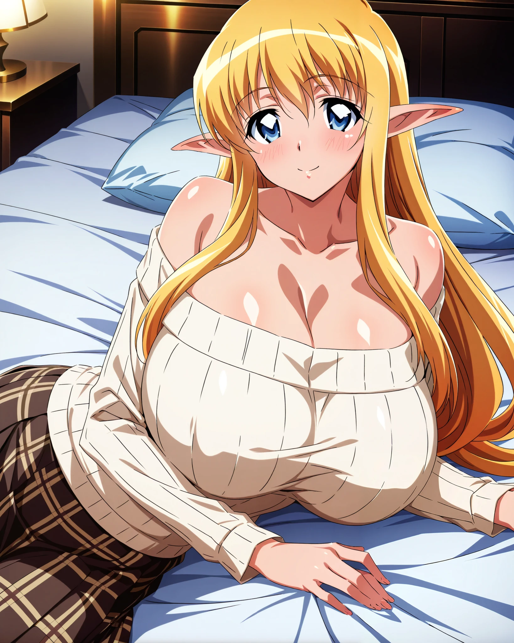 score_9, score_8_up, score_7_up, source_anime, anime coloring, anime screencap, 1 girl, alone, Tiffania Westwood (zero no tsukaima), elf, blonde hair, blue eyes, sweet smile, white beautiful skin, laying on bed, looking at viewer, slim body, cowboy shot, gigantic breasts, collarbone, long sleeves, off-shoulder ribbed shirt, beige shirt, pleated brown plaid skirt, long skirt, indoors, bedroom