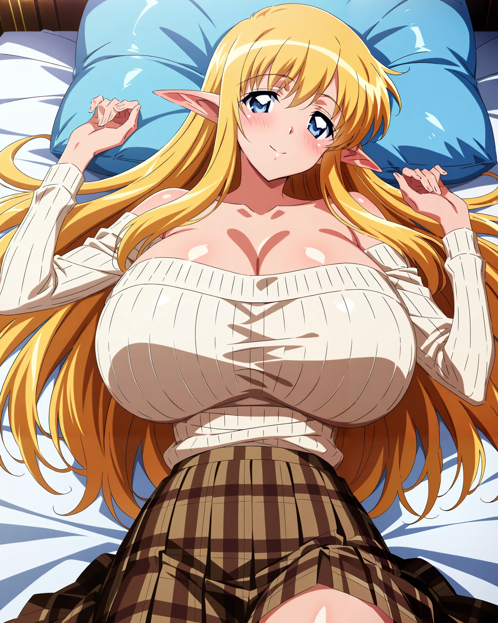 score_9, score_8_up, score_7_up, source_anime, anime coloring, anime screencap, 1 girl, alone, Tiffania Westwood (zero no tsukaima), elf, blonde hair, blue eyes, sweet smile, white beautiful skin, laying on bed, looking at viewer, slim body, cowboy shot, gigantic breasts, collarbone, long sleeves, off-shoulder ribbed shirt, beige shirt, pleated brown plaid skirt, long skirt, indoors, bedroom