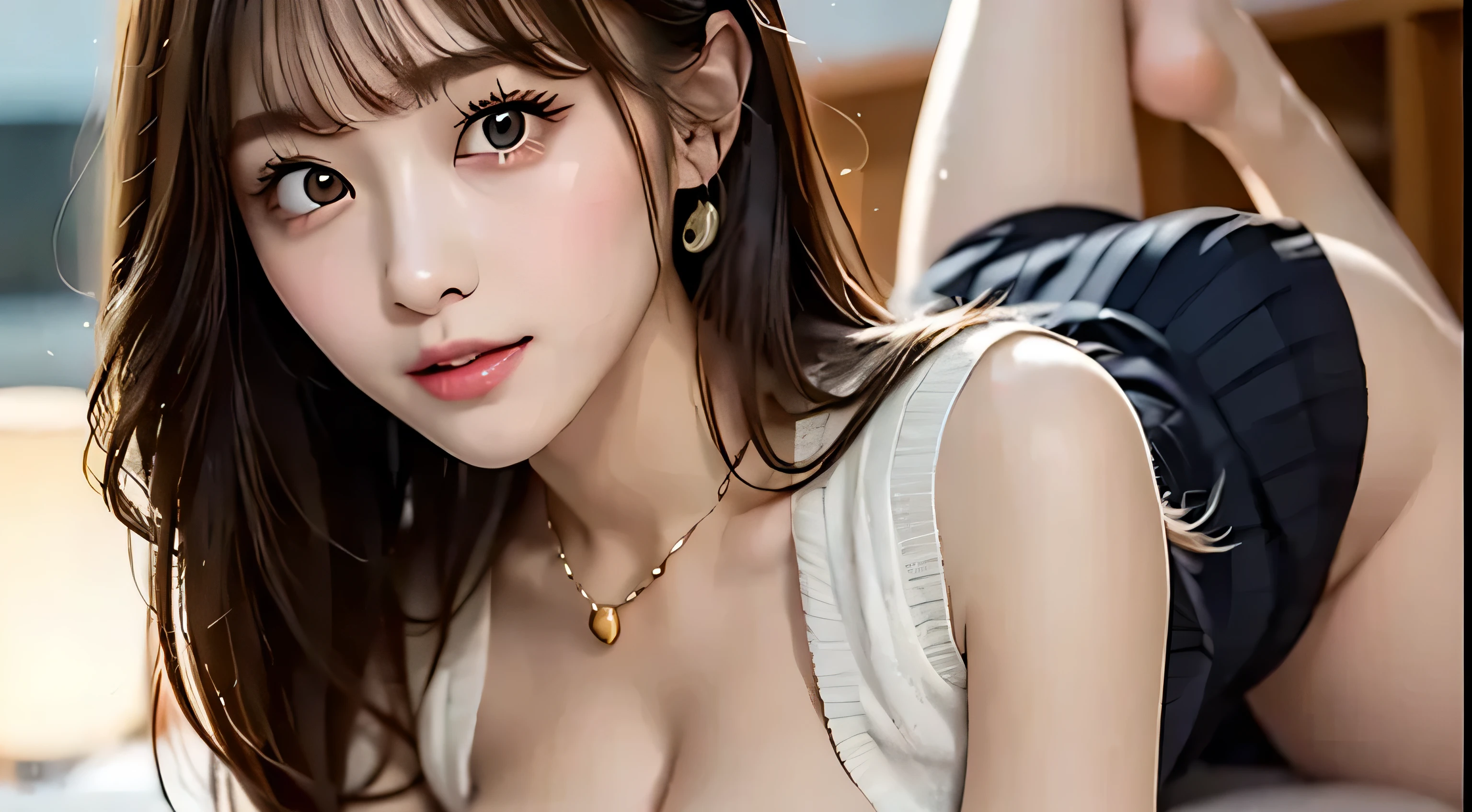 in 8K，photos realistic (1 Cute Korean Idol ) low-tied long hair, Thin makeup, 32 inch breast size, Close-up portrait, nffsw、Punk Girl、Pendants,cleavage of the breast、huge-breasted、FULL BODYSHOT、beauty legs、Beautiful legs、-yeld sche's looking at this、Sunset hits、(Super beautiful girl:1.5)、(A detailed face)、Adult face、Bare legs、(School uniform)、highschool、Lying on the bed in the infirmary、cleavage of the breast、Have cleavage、The chest is open、thighs thighs thighs thighs、Tokk Resweater、looking at viewert、a closeup、full body Esbian、Nasty eyes、Random sexy poses