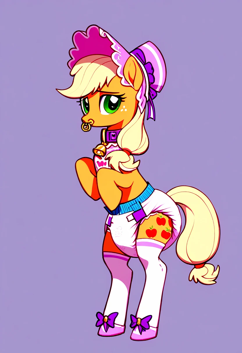  earth pony in private , adult mare, Applejack , , the mane is gathered in a dark pink bonnet ,  purple eyes , stands on four hooves ,  wide open back hooves , dressed in an ornate light green and yellow dress with ruffles and ruffles and a short skirt,  around the neck, a white bib with gold trim on the edges with pink lettering in the middle :  x} “stupid guilty filly” ,  steel collar with a purple tint and a bell with a sad sun tag under the bib,  white stockings and pink booties over hoof socks ,  a large golden pacifier in the mouth with straps , thick diaper under clothes,  pink plastic panties over a diaper , solo,  simple background.