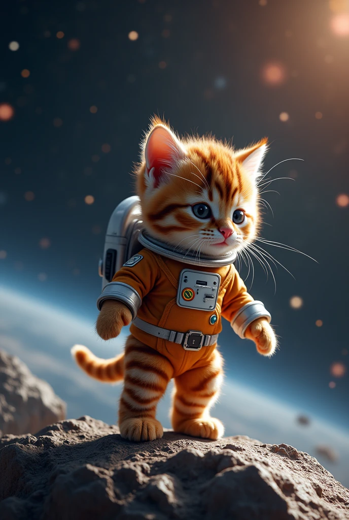 The cutest brown tiger kitten in the world in a spacesuit standing on a huge base floating in space、((Realistic:1.3))、 Bold Composition 、 Dynamic Composition 