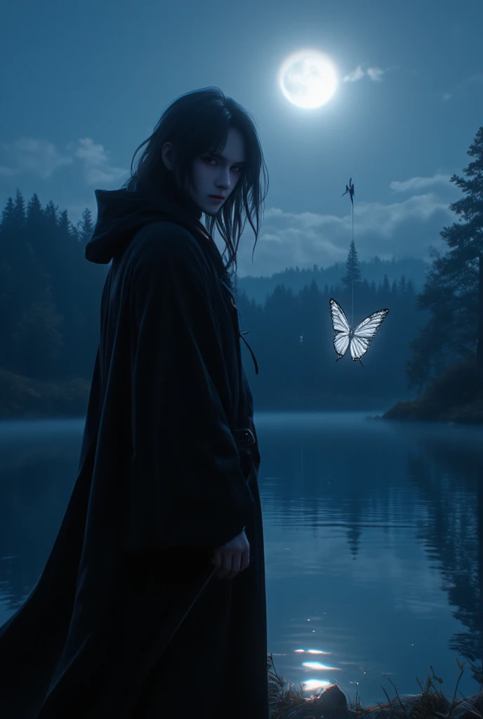 A man stands by a quiet lake under the moonlight. A full moon shines in the sky, and the moonlight paints the lake silver. The man is dressed all in black, with his long hair blowing in the wind, highlighting his silhouette. His face is cold, and a sharp gaze shines from the depths of his eyes. The man's figure is vaguely reflected on the surface of the lake, and there is not a single ripple on the water at his feet. In the silence, a butterfly with transparent wings descends from nowhere. The man exudes an eerie presence, making the surrounding air tense. The shadows of the forest behind him intertwine with the moonlight, creating a fantastical yet terrifying atmosphere. An owl hoots in the distance, and only the rustling of the wind fills the night world. The image quality is excellent, featuring natural soft lighting and highly detailed, realistic images. Ultra High Resolution, Top Quality, (Full Body Photo), SLR Camera, (Movie Scene), Highly Detailed, Realistic Lighting, Smooth,