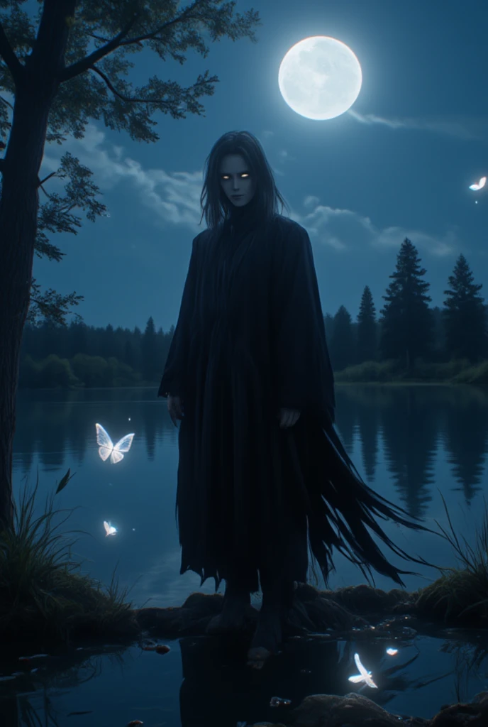 A man stands by a quiet lake under the moonlight. A full moon shines in the sky, and the moonlight paints the lake silver. The man is dressed all in black, with his long hair blowing in the wind, highlighting his silhouette. His face is cold, and a sharp gaze shines from the depths of his eyes. The man's figure is vaguely reflected on the surface of the lake, and there is not a single ripple on the water at his feet. In the silence, a butterfly with transparent wings descends from nowhere. The man exudes an eerie presence, making the surrounding air tense. The shadows of the forest behind him intertwine with the moonlight, creating a fantastical yet terrifying atmosphere. An owl hoots in the distance, and only the rustling of the wind fills the night world. The image quality is excellent, featuring natural soft lighting and highly detailed, realistic images. Ultra High Resolution, Top Quality, (Full Body Photo), SLR Camera, (Movie Scene), Highly Detailed, Realistic Lighting, Smooth,