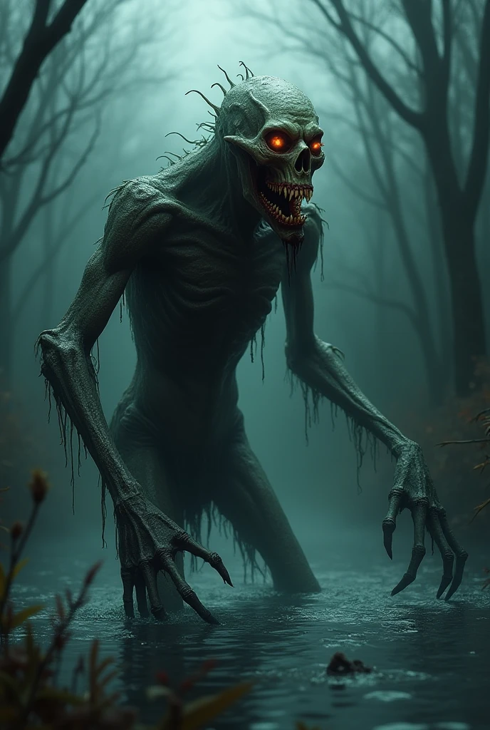 High quality, 8k, In a dark and foggy forest stands a terrifying apparition of a demon-faced monster with a strange and terrifying face. The demon-faced monster's face is unnaturally distorted, and its eyes are large and frightening. Its mouth is unnaturally wide and lined with sharp, curved teeth. Its slender body is dressed in a tattered kimono, and it sways eerily. Its hands are long and bony, with frighteningly curved fingers. It stares straight at us, and the dense forest background with dense trees and thick fog creates an eerie atmosphere. Horror.