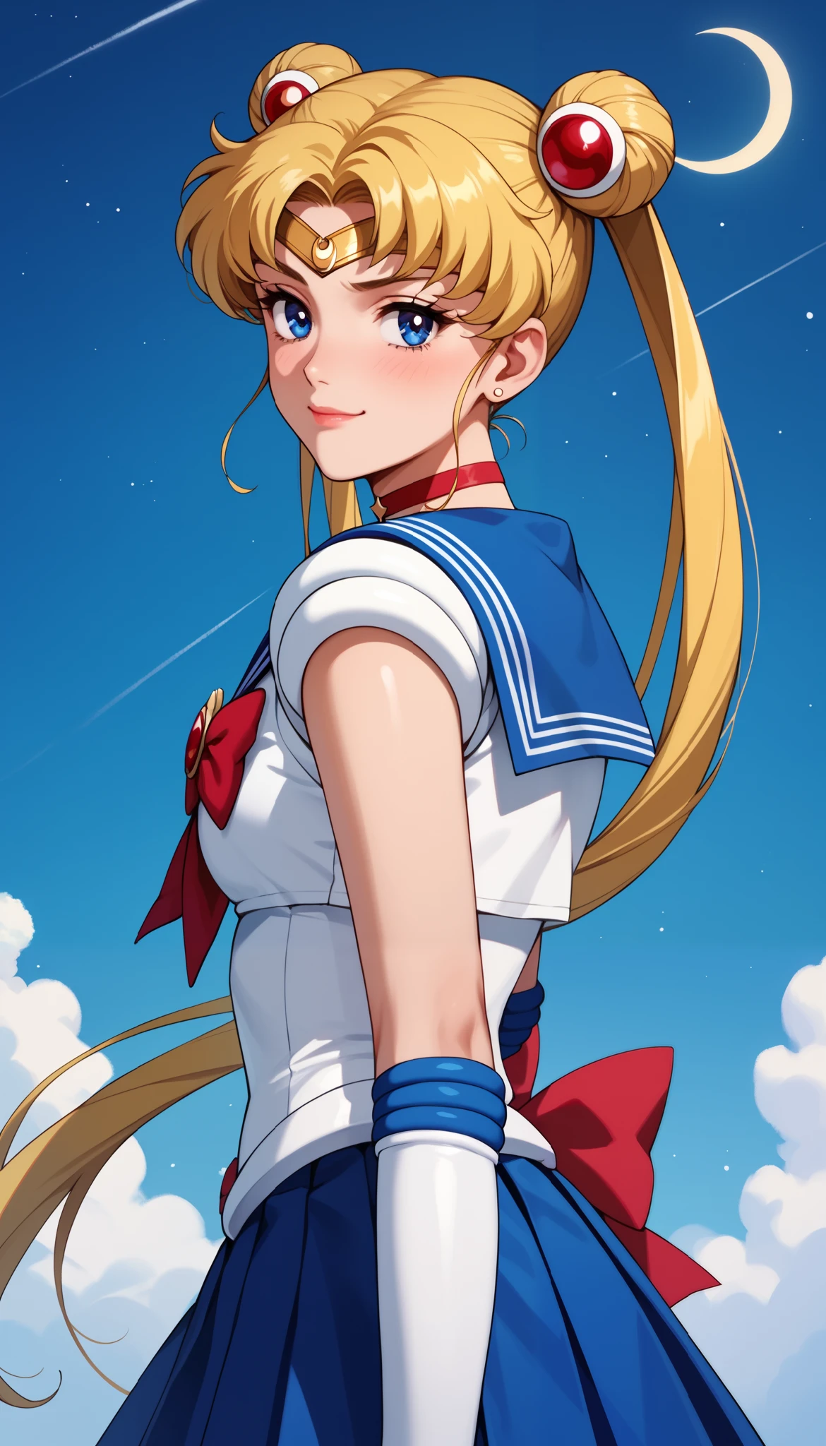 Score_9, Score_8_up, Score_7_up, Score_6_up, Score_5_up, Score_4_up, Source_anime, Tag1, Tag2, Quality_masterpiece, Anatomically correct, detailed skin, 1girl, detailed face, solo,
usagi tsukino, blonde hair, blue eyes, double bun, hair bun, hair ornament, long hair, twintails, circlet, parted bangs,
back bow, blue sailor collar, blue skirt, bow, brooch, choker, crescent moon, elbow gloves, gloves, jewelry, magical girl, pleated skirt, red bow, red choker, ribbon, sailor collar, sailor senshi uniform, skirt, white gloves,
Sensual girl, Seductive, Glamor, seductive BREAK, embarrassed, smug, looking at viewer,
plains, night background, standing, thighs,