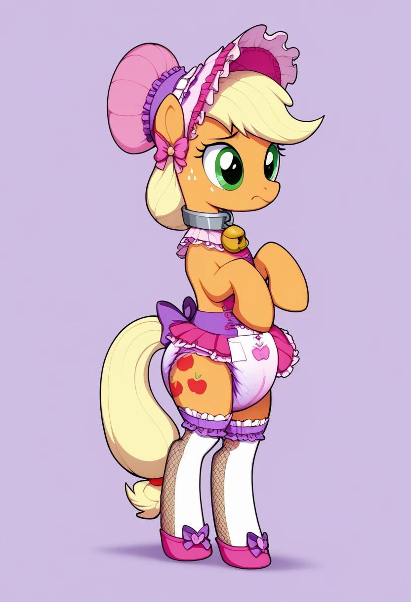  earth pony in private , adult mare, Applejack , , the mane is gathered in a dark pink bonnet ,  purple eyes , stands on four hooves ,  wide open back hooves ,  dressed in a fancy pink dress with ruffles and frills with a short skirt ,  around the neck, a white bib with gold trim on the edges with pink lettering in the middle :  x} “stupid guilty filly” ,  steel collar with a purple tint and a bell with a sad sun tag under the bib,  white stockings and pink booties over hoof socks ,  a large golden pacifier in the mouth with straps , thick diaper under clothes,  pink plastic panties over a diaper , solo,  simple background.