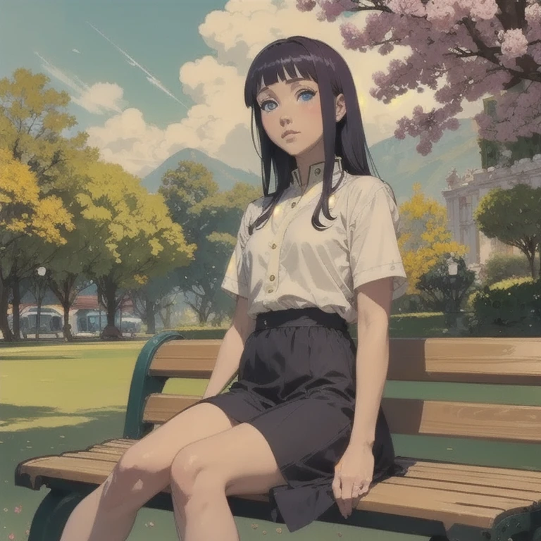 Hinata Hyuga,  cute red face , Parque Lindo , sunny day,  sitting on a bench