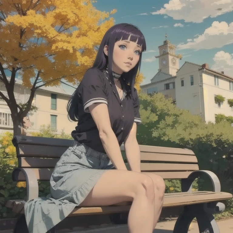 Hinata Hyuga,  cute red face , Parque Lindo , sunny day,  sitting on a bench