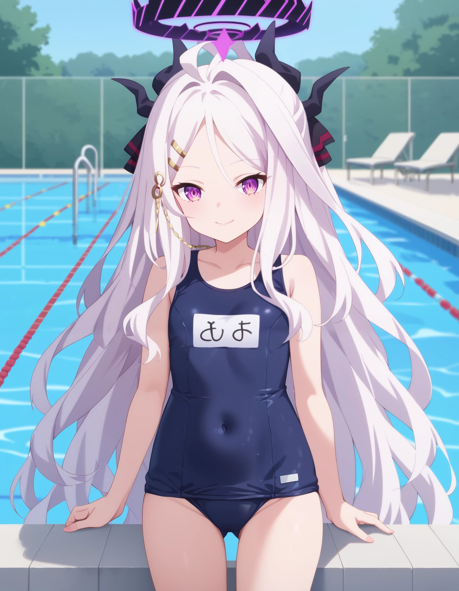 Masterpiece, hd, best quality, hina sorasaki, purple eyes, white hair, halo, ahoge, parted bangs, long hair, very long hair, red hair clip, smile, old school swimsuit, school swimsuit, blue one-piece swimsuit, one-piece swimsuit, name tag, swimsuit, outdoor, smile, closed mouth, standing, cowboy shot, swimming pool
