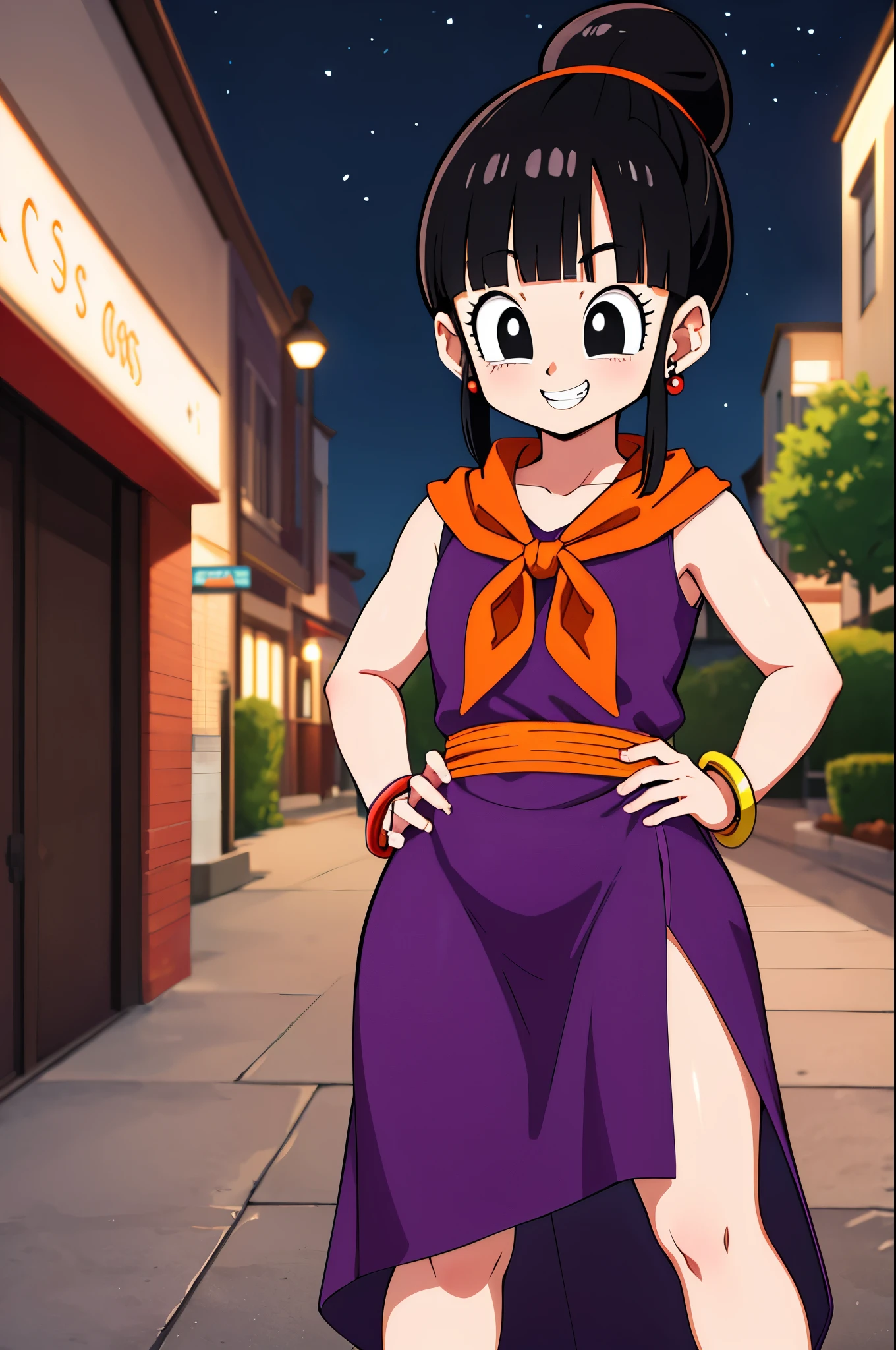 masterpiece, best quality, highres, dragon ball, single hair bun, hair bun, blunt bangs, sidelocks, black eyes, earrings, orange neckerchief, orange scarf, purple dress, sleeveless, bracelet, grin, hand on hip, smile, outdoors, street, thicc thigs, showing legs, mischievous smile, night, naughty