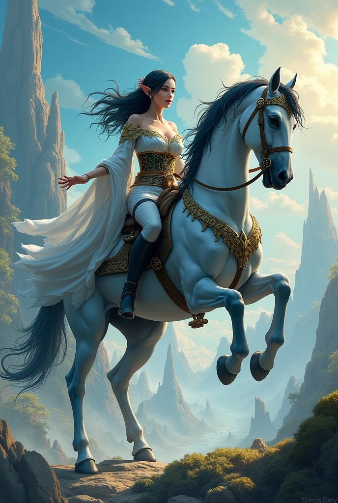 A mesmerizing scene set in a lush, enchanted forest where a stunning female warrior stands confidently beside a majestic Pegasus. The female has long, flowing hair that shimmers like spun gold, cascading down her back. Her armor is intricately detailed with delicate engravings and adorned with gemstones that glisten in the dappled sunlight filtering through the ancient trees. She holds a gleaming sword in one hand, its blade catching the light and casting a radiant glow.
The Pegasus, with its powerful wings folded gracefully by its sides, has a pure white coat that gleams like freshly fallen snow. Its mane and tail are ethereal, almost appearing to be made of strands of moonlight. The creature's eyes are a deep, soulful blue, reflecting both wisdom and untamed spirit. Together, they exude an aura of strength and mystical beauty, ready to embark on an epic journey.
The background is a tapestry of vibrant flora, with enchanted flowers and towering trees that seem to whisper ancient secrets. Rays of sunlight break through the canopy, creating a magical ambiance with sparkling motes of light dancing in the air. The scene captures a moment of serene yet powerful connection between the warrior and her mythical steed, set against a backdrop of otherworldly splendor