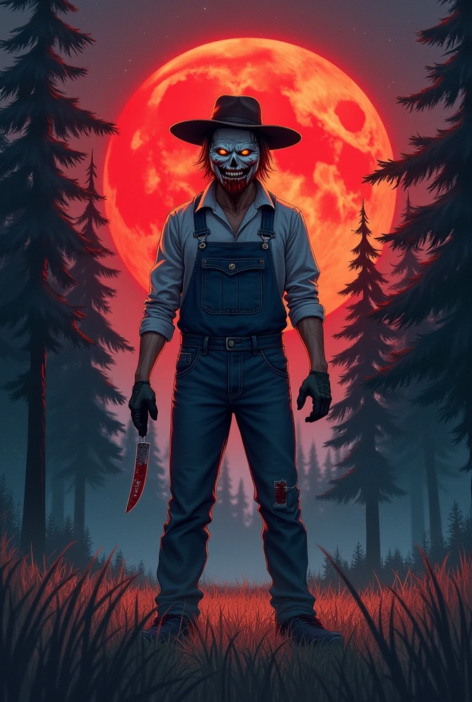 A serial killer, watercolor cartoon, he wears a farmer's outfit, he wears a sinister, bloodied mask, he's holding a knife already and he seems anxious, he doesn't seem to contain his happiness. The scenery is a dense pine forest and a very heavy fog in the color red is at night and the sky is starry and has a big red moon behind the character who has his back to her, giving the perfect outline of the characters who are in the dark and only have that moonlight to illuminate