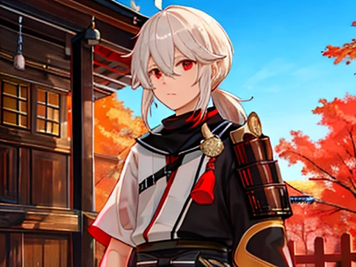 masterpiece, best quality, maple manyo, male focus, 1boy, solo, red eyes, bangs, multicolored hair, japanese clothes, striped hair, red hair, hair between the eyes, weapon, sword, armor, japanese armor, white hair, shut up, ponytail, outdoors, tassel, looking at the audience, castle tower, (kbxll:0.6)