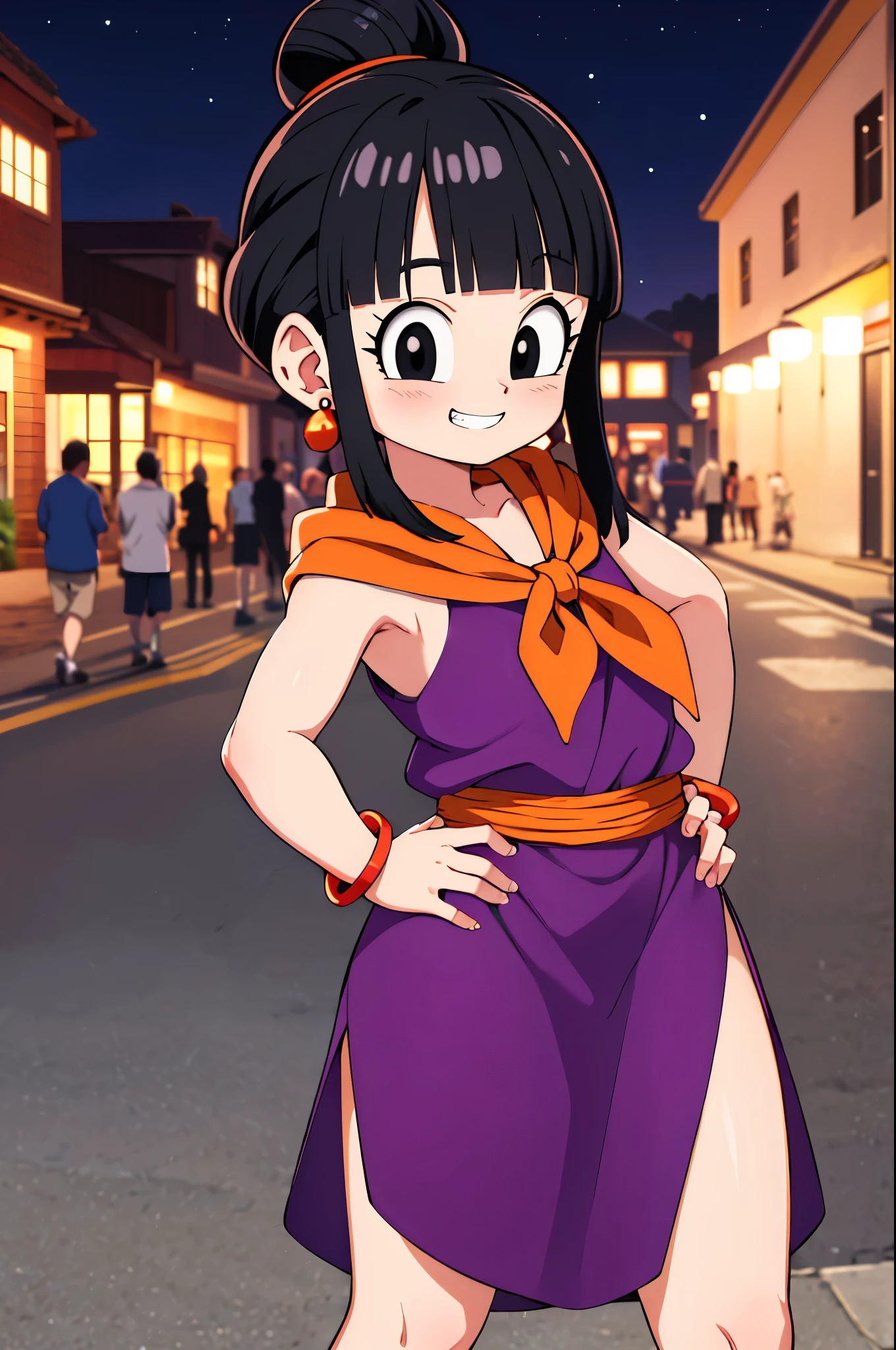 masterpiece, best quality, highres, dragon ball, single hair bun, hair bun, blunt bangs, sidelocks, black eyes, earrings, orange neckerchief, orange scarf, purple dress, sleeveless, bracelet, grin, hand on hip, smile, outdoors, street, thicc thigs, showing legs, mischievous smile, night, naughty
