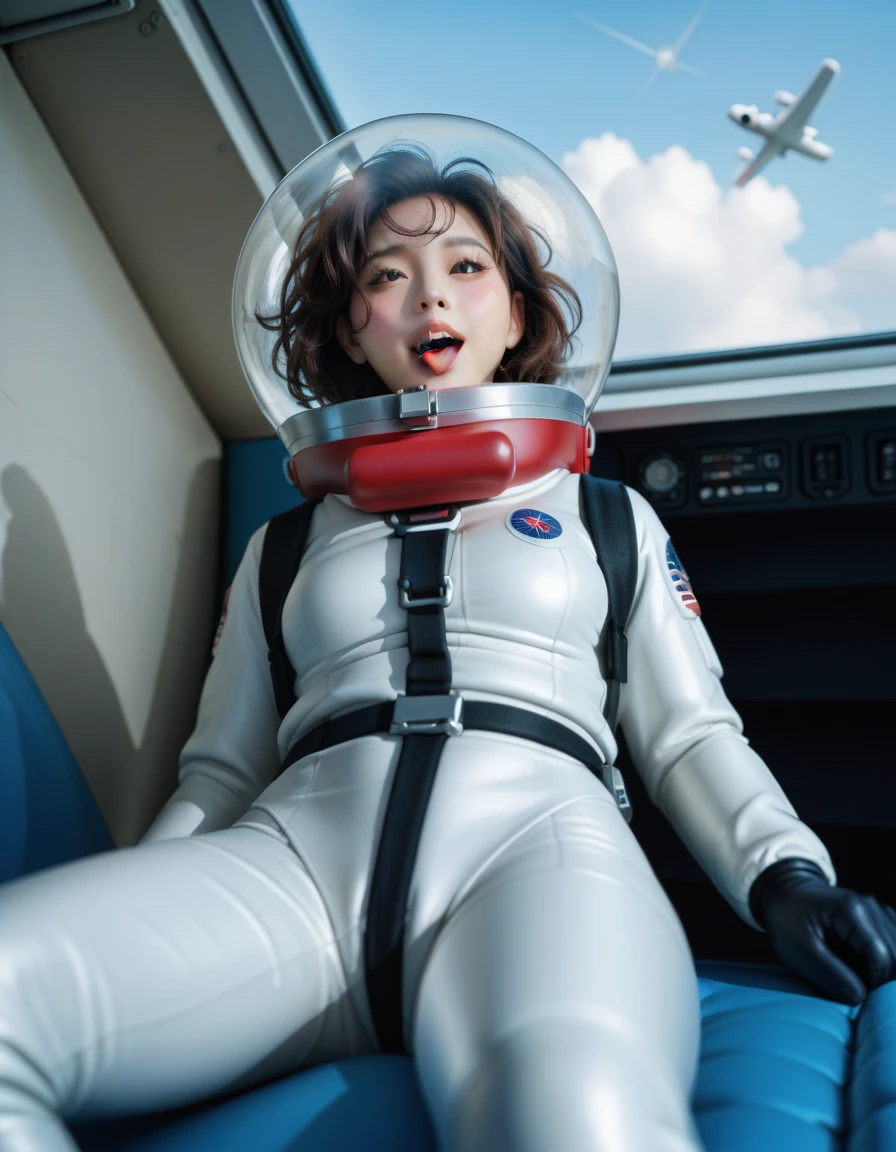 (spacesuit:1.15), , space ooking at the audience,,helmet,lushing, , small breasts, , (airplane cockpit), (in flight), (10000 feet altitude)、(sky view):, cocpit, space, masterpiece, best quality, 1girl, solo, , looking at the audience, bed, masterpiece, best quality, 1girl, solo, , tits, , messy hair ,,   red collar, spacesuit nasa , (astronaut:1.3), cute, Sexy Face, korea girl,  from below,open mouth, tongue out, ahegao