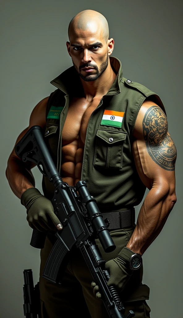 A man saluting and showing his body background off india, flag, orange white cream and war field and independence day of india.Seventy eight independence day gym men without beard