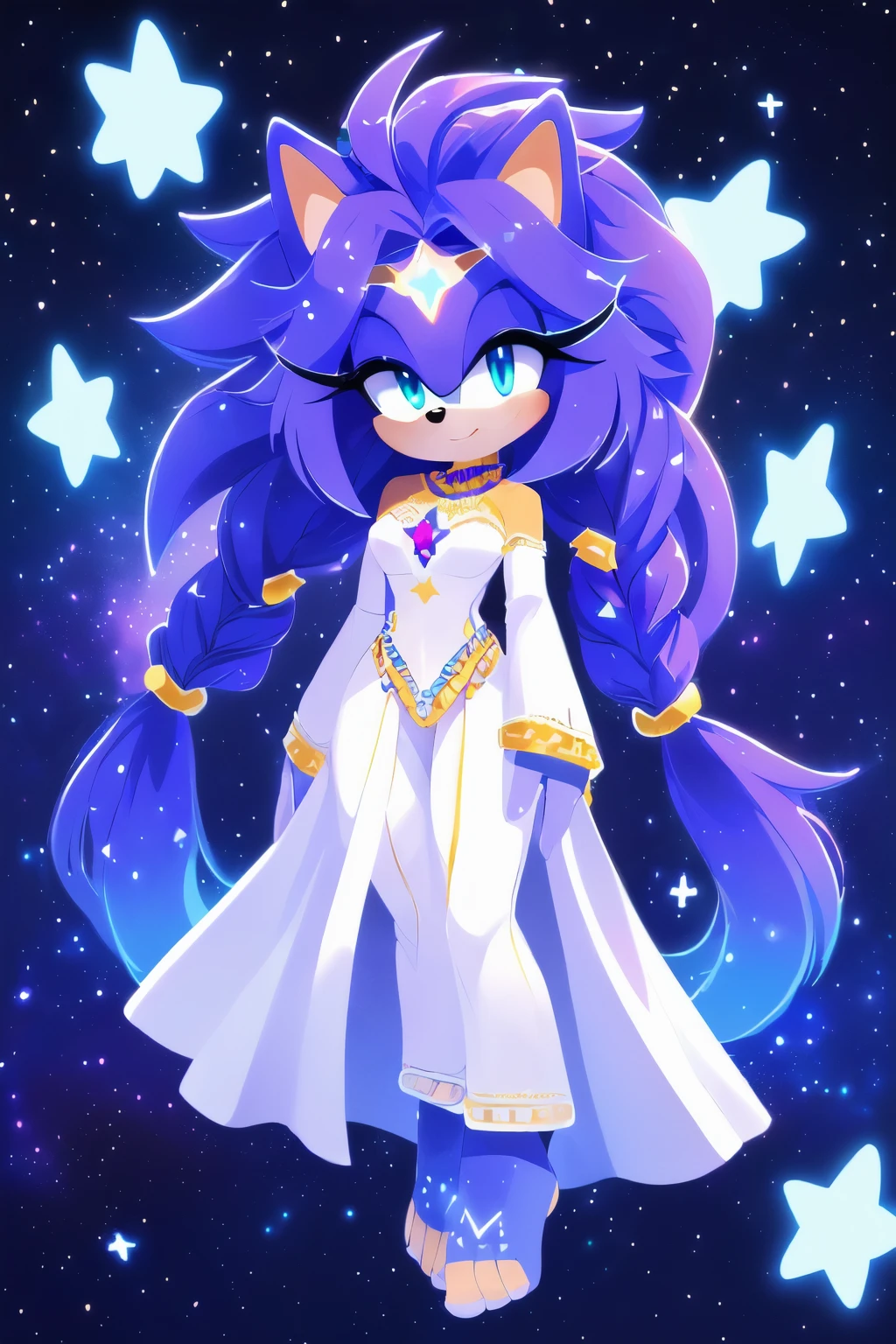 Sonic oc, Mobian, female, sonic the hedgehog but female, Cosmic hedgehog, A beautiful white hedgehog, purplish blue eyes, very long hair/quills, braided and beaded long hair bangs, long streaks of hair on each side of her face, (star constellation on hair, beads on hair, smooth fur, slim thick hourglass body, slim fit, wearing a long white garment, star markings on the left cheek, beaded hair and decorated with rings, flowing hair, glowing marks on feet