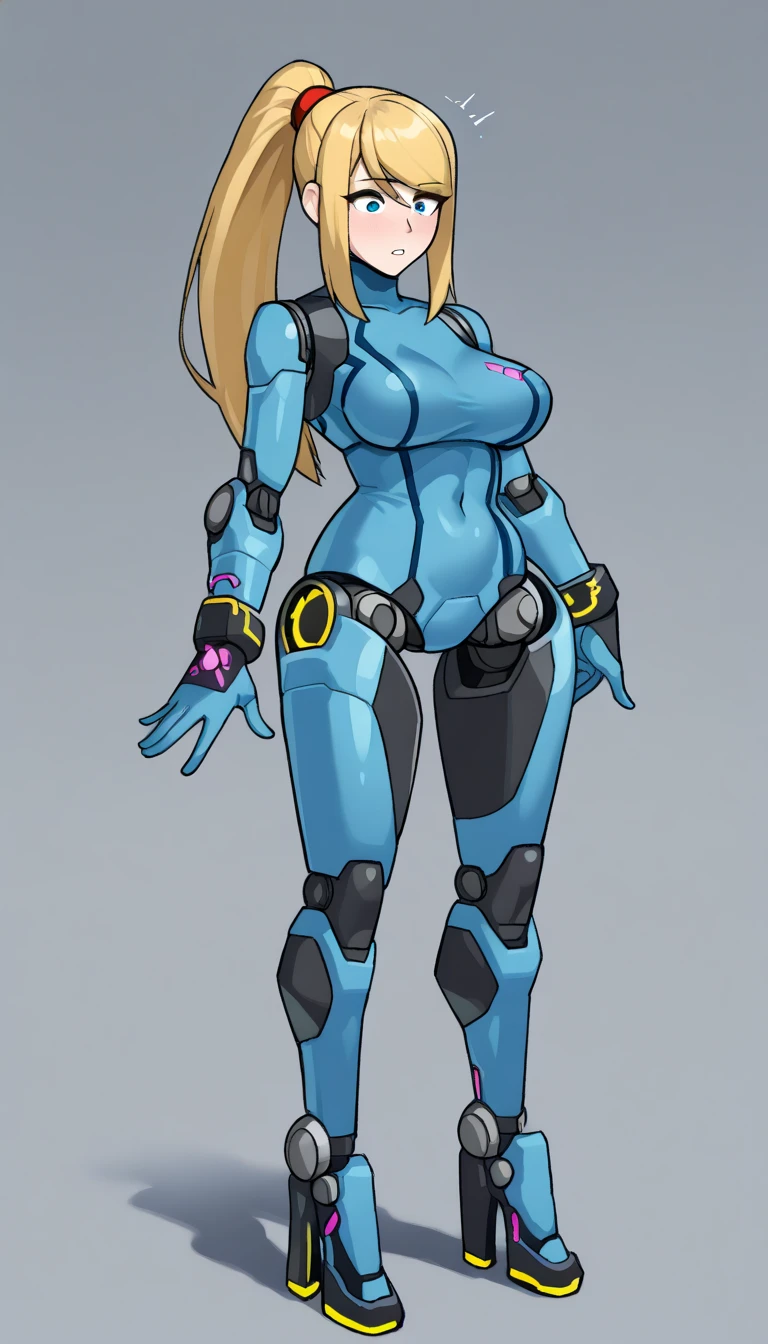 masterpiece, best quality, extremely detailed, (8K, 4K, Best Quality, hight resolution, 超A high resolution:1.1), ,8k portrait, Japaese android Girl,Plump , dark black leg cover,announcer,control panels,android,Droid,Mechanical Hand, Robot arms and legs, Black Robot Parts,yellow ponytail,Mechanical body,Blunt bangs,perfect mechanical abdomen,blue robotics parts,perfect robot woman,future laboratory,cyber pank,charging spot,laboratory,long tube,thick cable connected her neck,blue ceramic body ,perfect mechanical body, blue robot body,lod antenna,mechanical ear cover,android,robot humanoid,black sponge joints,The removable cover is in the groin,The connection port is in the groin,opened chest panel,access panel on the chest,opened breast panel,perfect mechanical breast,perfect black machine body,perfect black android body,She has repaired,assembly plant,no human skin,visor,mistyrobot,samus aran,dress,malfunction,robot joint,doll joint,robotization,partial robotic,empty eyes,dress,android,approaching,extremely slender figure