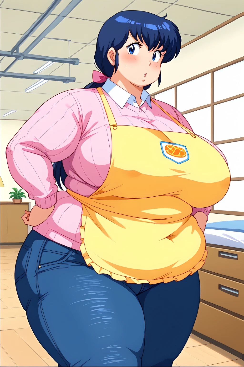 Otonashi Kyoko, Kyoko Otonashi、 long hair、紺色の髪、low ponytail,  pink barrette bow、Dark blue eyes、yellow bib apron、 pink sweater、Blue jeans 、white collared shirt ,Huge Saggy Tits, troubled expression,milf, chubby, indoor,Apartment hallway,Obese middle-aged woman,Severe obesity, Fat face,ssbbw,weight 150kg, score_9,  score_8_ up、 score_7_ up、 score_6_ up、 score_5_ up、 score_4_ up、 Masterpiece、 top quality, A beautiful woman with an obese figure,  absurd、 source_ anime anime screencap,  one woman、Alone、 personal  、Super huge breasts,  super huge clevis、Super huge, Super huge boob,Curvy、 wide hips、cowboy shot