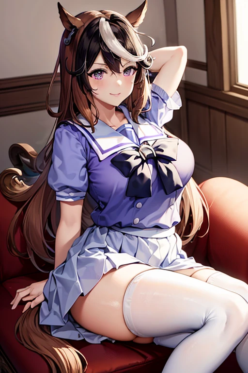 ((masterpiece)), ((best quality)), (ultra-detailed), ((kawaii)), cute, (lovely), ((sexy)), (ero), ((extremely detailed)), 4K, (8K), best quality, (beautiful),
in the classroom, sofa, Squatting,
a cute girl, 1girl, solo, ((beautiful blue eyes)), beautiful black twintail hair, glasses,
darkbrown high school uniform, pleated skirt, stockings, pumps shoes, ((White panties, cameltoe)),
buttocks, large breast, sweaty, wet body, navel out, thighs out, slim, slender, ribon, ashamed, blush, translucent body, Transparent, shiny-glistening, gleaming,