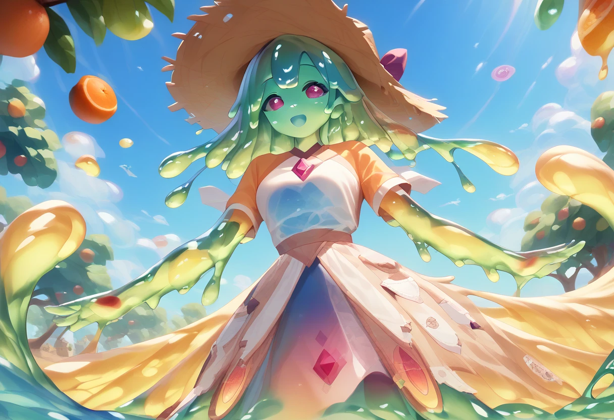 score_9, score_8_up, score_9_up, score_7_up, high quality, masterpiece, highly detailed, solo, (((colorful slime women))), medium breasts, exotic dress, Slime core, cute pose, happy expression, fruit trees, straw hat, viewed from a distance, colorful fruit