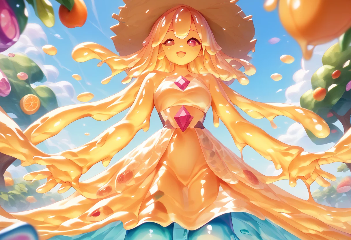 score_9, score_8_up, score_9_up, score_7_up, high quality, masterpiece, highly detailed, solo, (((colorful slime women))), medium breasts, exotic dress, Slime core, cute pose, happy expression, fruit trees, straw hat, viewed from a distance, colorful fruit