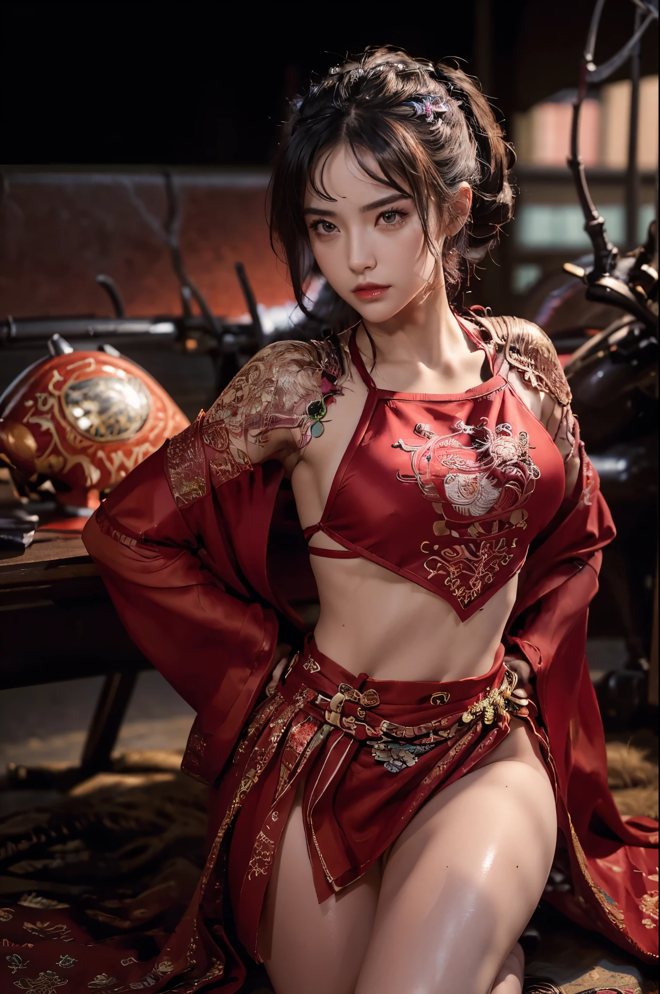 (masterpiece:1.2), (best quality), (ultra detailed), (8k, 4k, intricate), (half-shot:1.2), (highly detailed:1.2), (detailed face:1.2), (detailed background), (portrait), detailed landscape, girl, cyber ninja, fighting stance, tech implants, Laser, japan style city background, night, neon lights, raining
