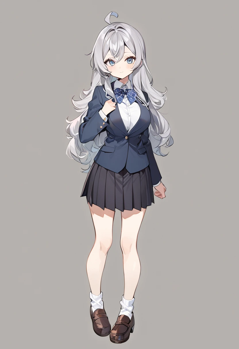 1 girl, Alya, silver long hair, school uniform, full body, medium breast, posing styles, simple grey background