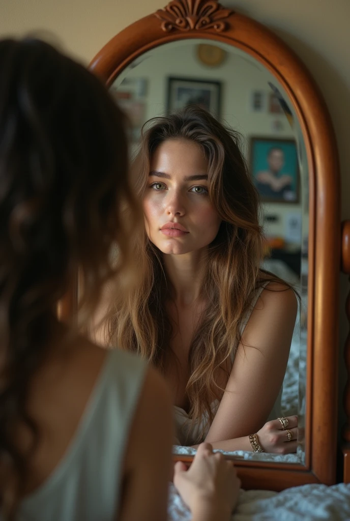 Generate me a photo of a real 20-year-old girl , the photo must be taken in a mirror from her room.