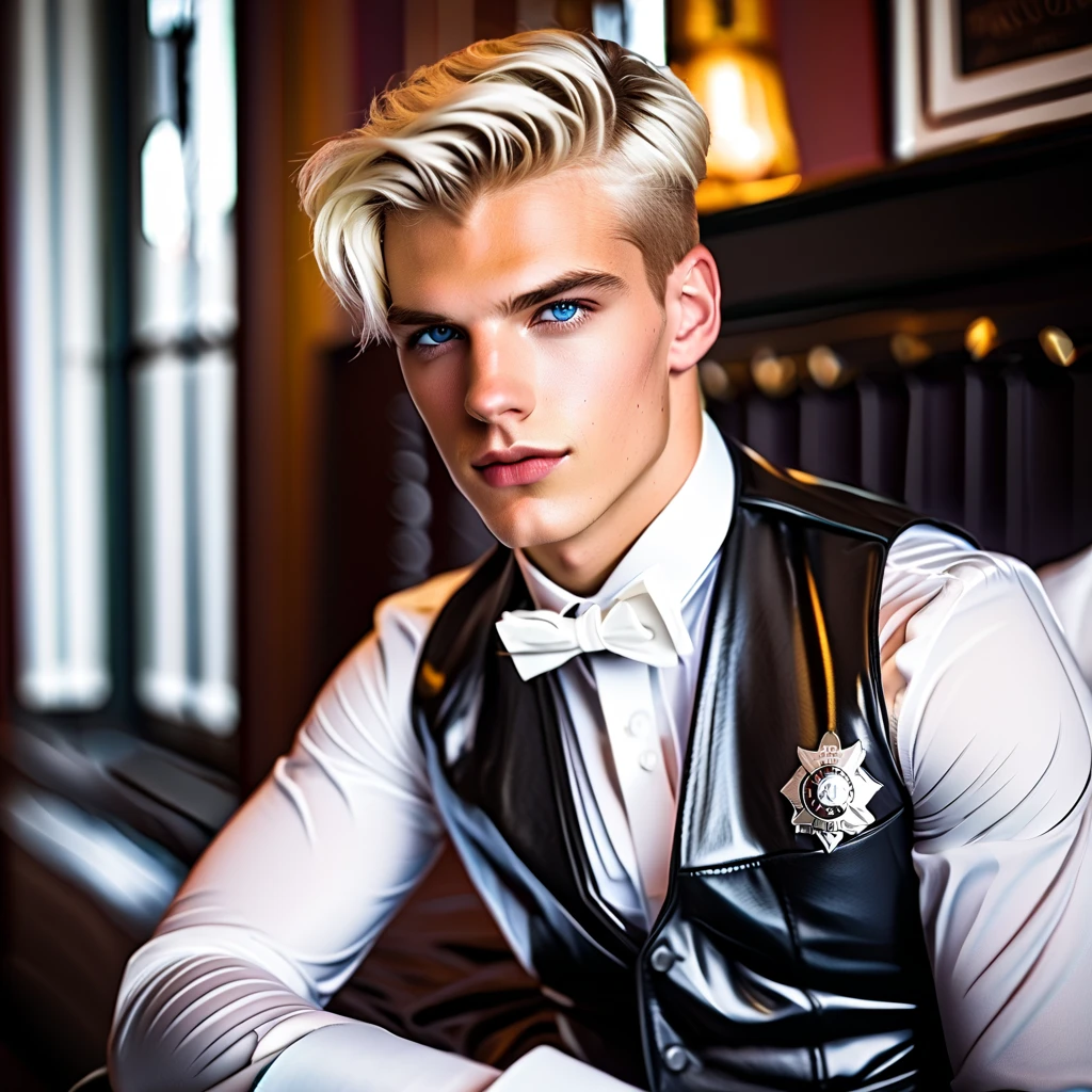 Portrait photography, 20-year-old German male police in a vintage setting, serving face on a black leather bed, short platinum blonde hair, intense blue eyes, serious, wet black leather tailcoat with satin lapels, white dress pinstripe shirt with subtle vertical pleats and high collar, white pleated waistcoat, large satin bow tie, crisp white handkerchief tucked into chest pocket, hands interlaced in black leather gloves on lap, soft warm lighting