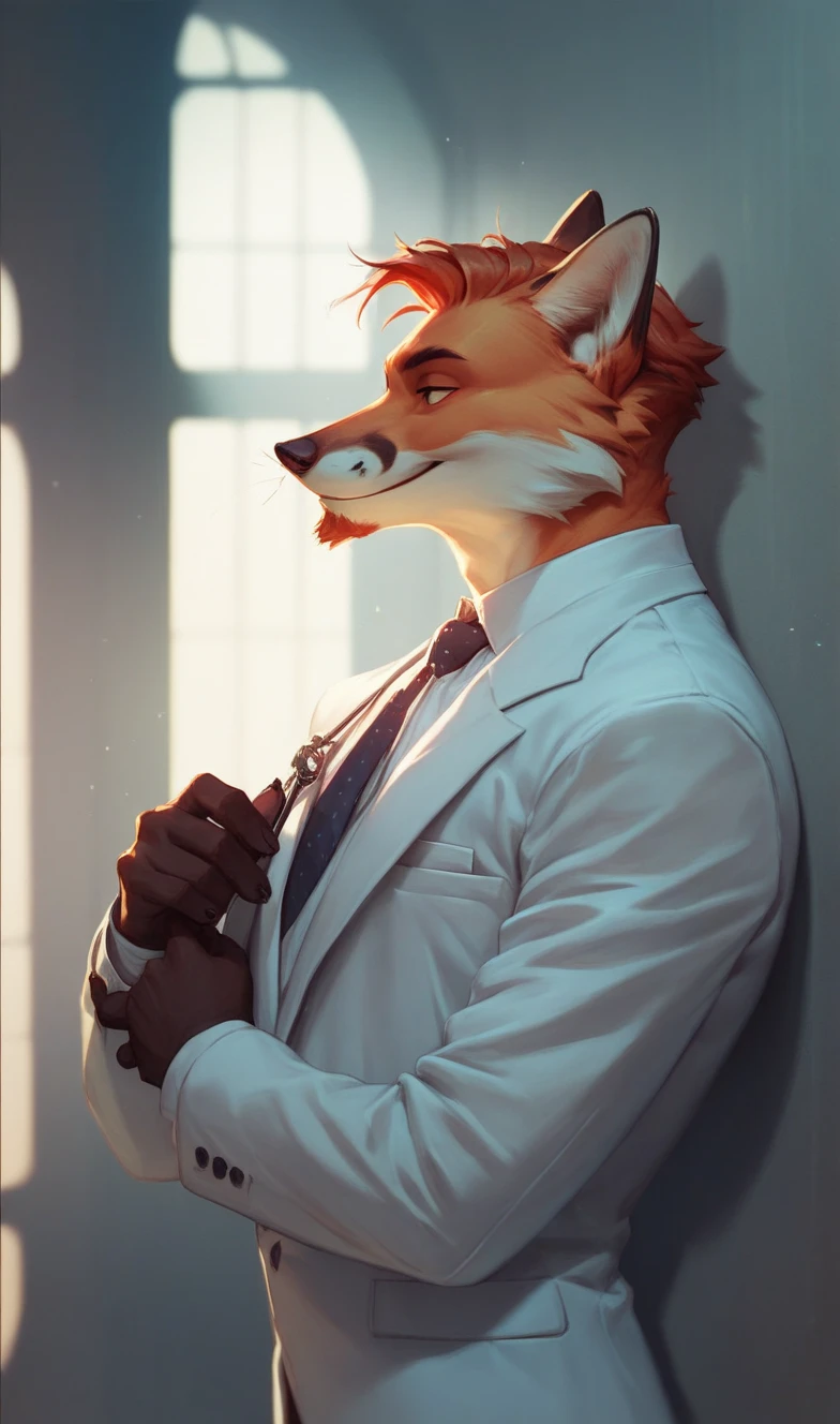 A fox, random furry, antromorfo,  hairstyles , with short beard, white suit, posing styles, stopped,  at night low lighting.