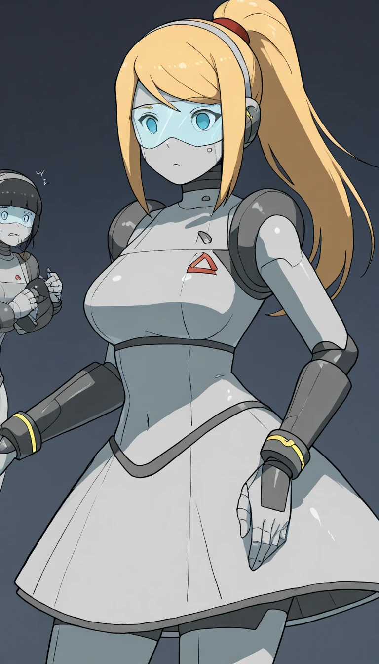 masterpiece, best quality, extremely detailed, (8K, 4K, Best Quality, hight resolution, 超A high resolution:1.1), ,8k portrait, Japaese android Girl,Plump , dark black leg cover,announcer,control panels,android,Droid,Mechanical Hand, Robot arms and legs, Blue Robot Parts,yellow ponytail,Mechanical body,Blunt bangs,perfect mechanical abdomen,blue robotics parts,perfect robot woman,future laboratory,cyber pank,charging spot,laboratory,long tube,thick cable connected her neck,blue ceramic body ,perfect mechanical body, blue robot body,lod antenna,mechanical ear cover,android,robot humanoid,black sponge joints,The removable cover is in the groin,The connection port is in the groin,opened chest panel,access panel on the chest,opened breast panel,perfect mechanical breast,perfect black machine body,perfect black android body,She has repaired,assembly plant,no human skin,visor,mistyrobot,samus aran,dress,malfunction,robot joint,doll joint,robotization,partial robotic,empty eyes,dress,android,approaching,extremely slender figure,more girls