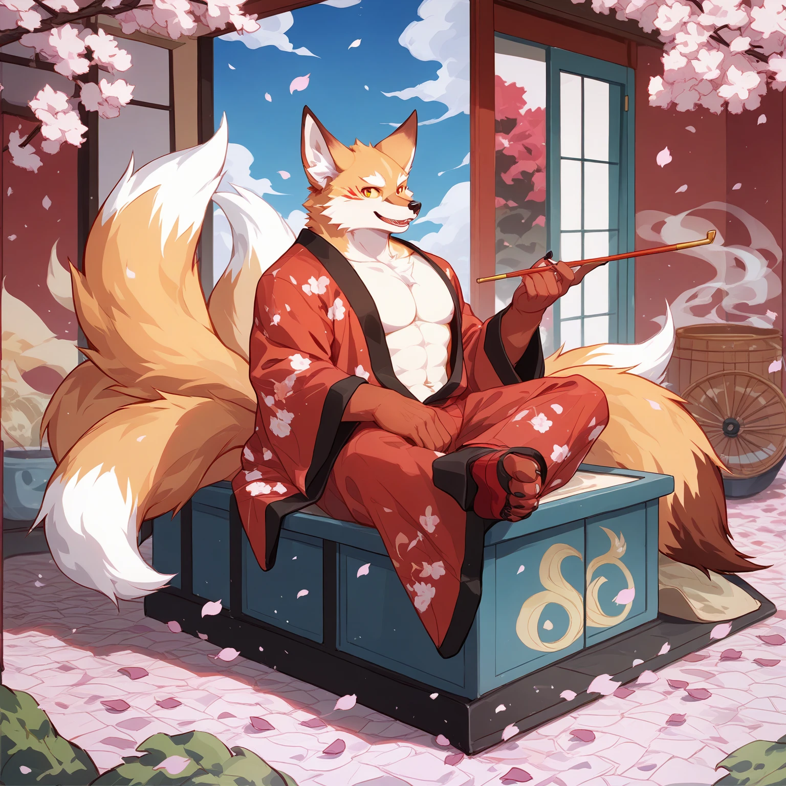 kemono, by null-ghost, by zixiong, furry anthro, solo, red tattoos face,  kitsune, white fur, 9tails, red tip tails, red tip ear, strong manly, traditional Japanese, wearing antique kimono, charming fox, elder, mature, 3/4 body, male focus, open chest, 5fingers, perfect hands, fox eyes, yellow sclera, red pupils, perfect eyes, brown eyesbrown, (kitsune:1.3), holding kiseru, white smoke steam, sitting down on platform infront the slide door like a boss, cherry blossom tree beside, falling petals, japanese slide door behind, ((prestige jade color blank background)), detailed background, dynamic full shot view, (full body shot:1.5),gumiho, ninetails fox, ((gacha splash art style theme)) BREAK score_9_up,score_8_up,score_7_up,score_6_up,score_5_up,score_4_up