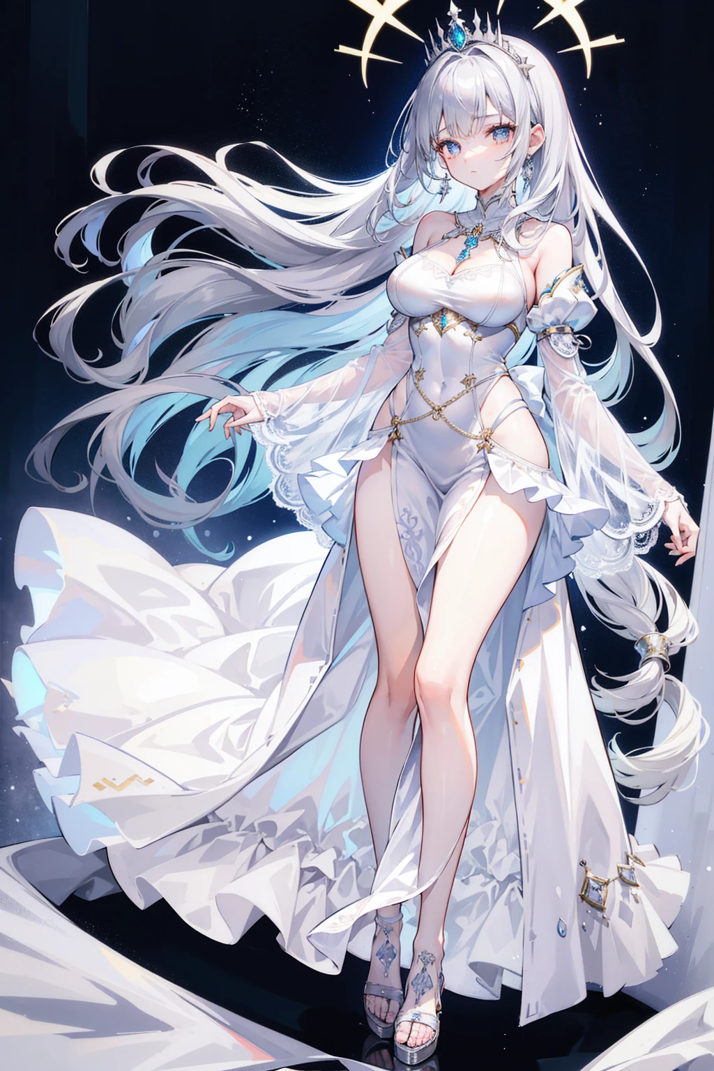 Paradise in Heaven, White lighting,(masutepiece), (Best Quality), (Cinematic), 8K, (art  stations), Li Yue painting style.(長いWhite hairとSilvery eyesを持つ1人の女), (Beautiful delicate face)、[ Particle Lou Full Moon] [Frozen trees々] [landscape crystal] [Lighting] [Ethereal Atmosphere]:1.1] [Fantasy, short story] [soft Lighting] [+Cinematic shot]:1.2 [+art  stations] [+luminous white background] [+soft Lighting] [soft glow] [Creative and dynamic angles]:1.3, [+Crystal Toning] 、masutepiece, ighly detailed, Ultra-detailed, Solo, (pale skin), Silvery eyes, White hair, (snowy background), (snowflake rosen flower:1.0), (shining crystal),, (Snowy ground), (White lashes), Female sexy、dreamy and detailed, Gorgeous setting, 妖しい雰囲気 masutepiece, The most beautiful scenes, An majestic、(((full of white flowers)))、quiet and serene atmosphere、A charming, all white tones,Inside the crystal library,Transparent flowers and falling snow，Many white roses are planted,(flowingwater,falls,water bloom),The decoration is also carefully done.,Dreamy（ighly detailedです，Creative Design，crisp and precise lines，K HD，best qualtiy，tmasterpiece，超hight resolution，4K）、Diverse poses、((beautiful white flower hair ornament))、Beautiful hairstyle、(Best Quality, 4K, 8K, hight resolution, masutepiece:1.2), Ultra-detailed, Detailed expression, Graceful posture, expressive brush strokes, mystic atmosphere, artistic interpretation,Delicate floral jewelry， (((Detailed design、Beautiful lace translucent dress、see-through small dress)))、(SFW:1.5), (Oversized breasts, best body proportions, proportions of large breasts,:1.5),(white decoration on thigh)、((Beautiful crystal accessories on the legs))。((Beautiful crystal accessories on the arm))、(((Design with a wide open chest)))
