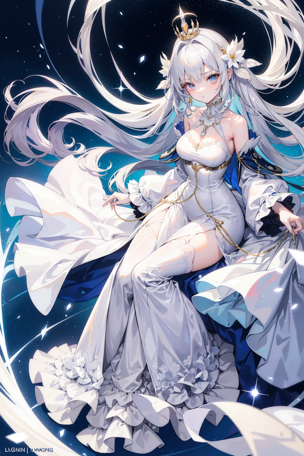 (very delicate, Masterpiece, Excellent lighting and shadows, HD wallpaper 8K), woman, , white hair, Long straight, blue eyes, big breasts, wide hips, Wear a long white dress,big eyes, plump lips, In the middle of the sea.