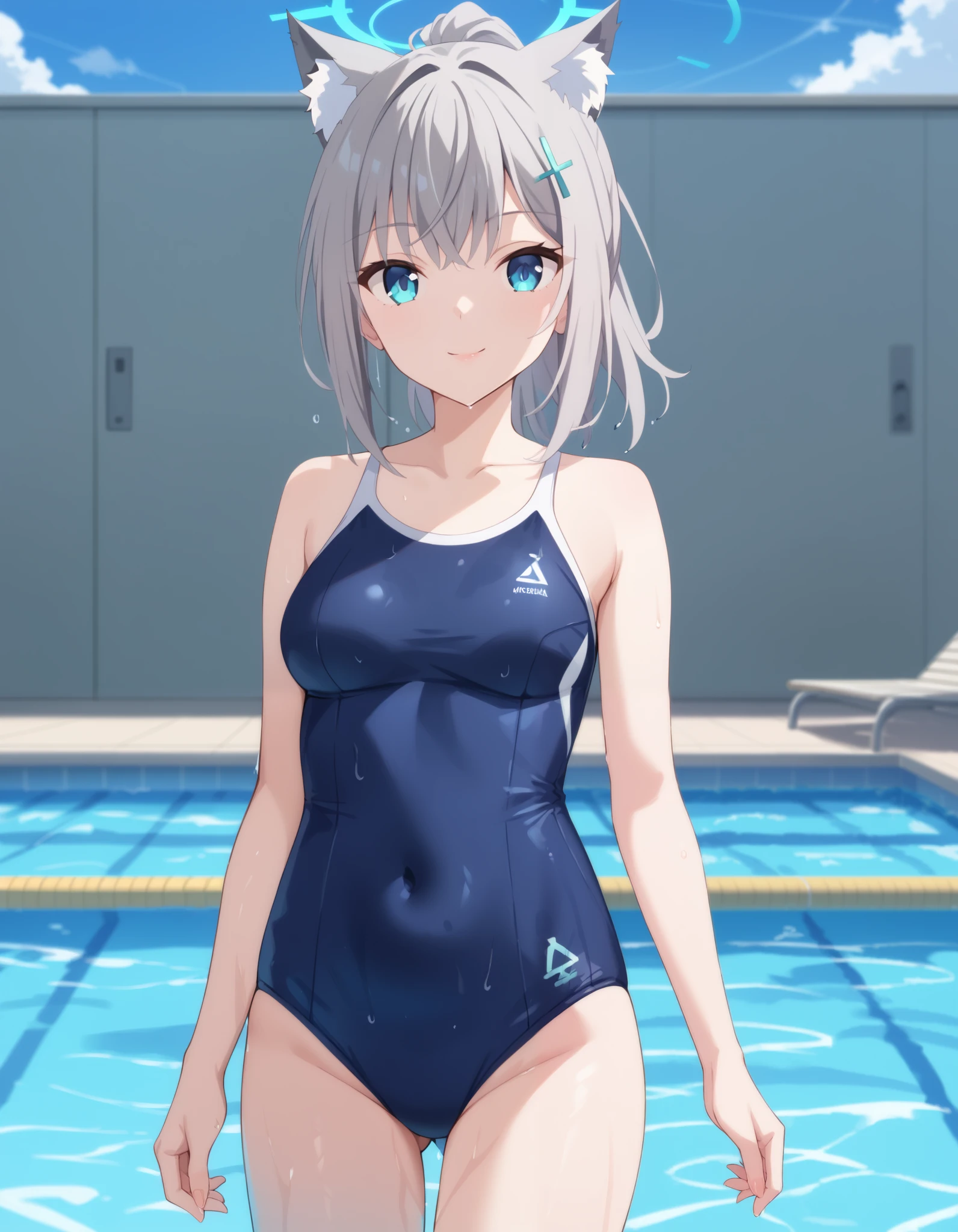 Masterpiece, hd , 2d, anime, shiroko sunaookami, animal ears, blue eyes, grey hair, hair ornament, hairpin, cross hairpin, halo, medium hair, wolf ears, ponytail, (ponytail:1.2), competition school swimsuit, school swimsuit, trace swimsuit, blue one-piece swimsuit, one-piece swimsuit, swimsuit, wet swimsuit, single vertical stripe, covered navel, smile, swimming pool, outdoor, looking at viewer, solo, cowboy shot, standing