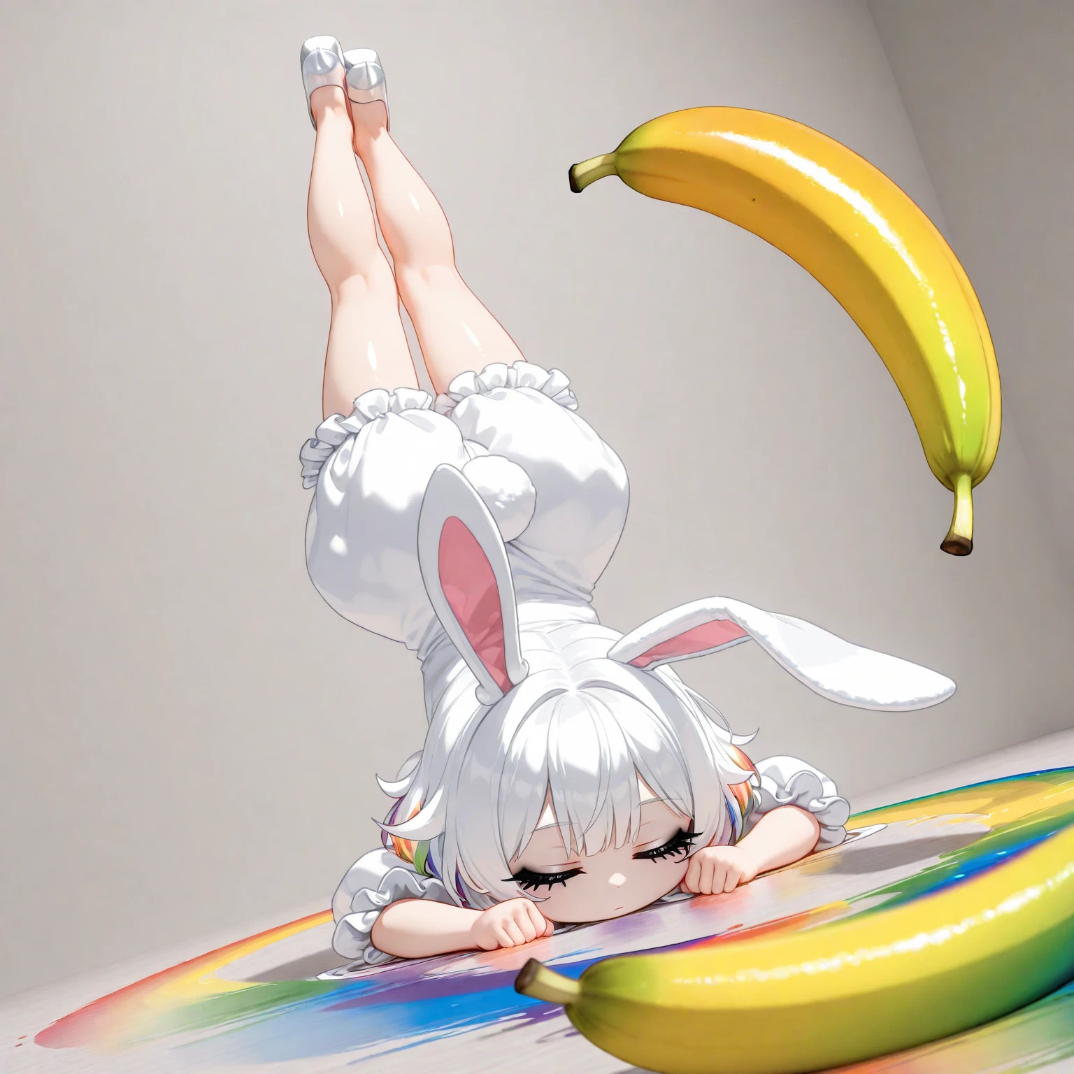 (solo),1girl\((chibi:1.3),cute,kawaii,shiny short white hair, bunny ears, (closed eyes), (black long eyelash:1.2), expressionless face,beautiful skin,(fall down:1.3) by banana peel,white frilled romper,(1white rabbit-tail:0.6),squeezed face,full body,dynamic pose\), many (rainbow-color-banana :1.3), masterpiece, best quality, very aesthetic, highres, absurdres, 3d,minimalist,longshot,dynamic angle,comedy mood