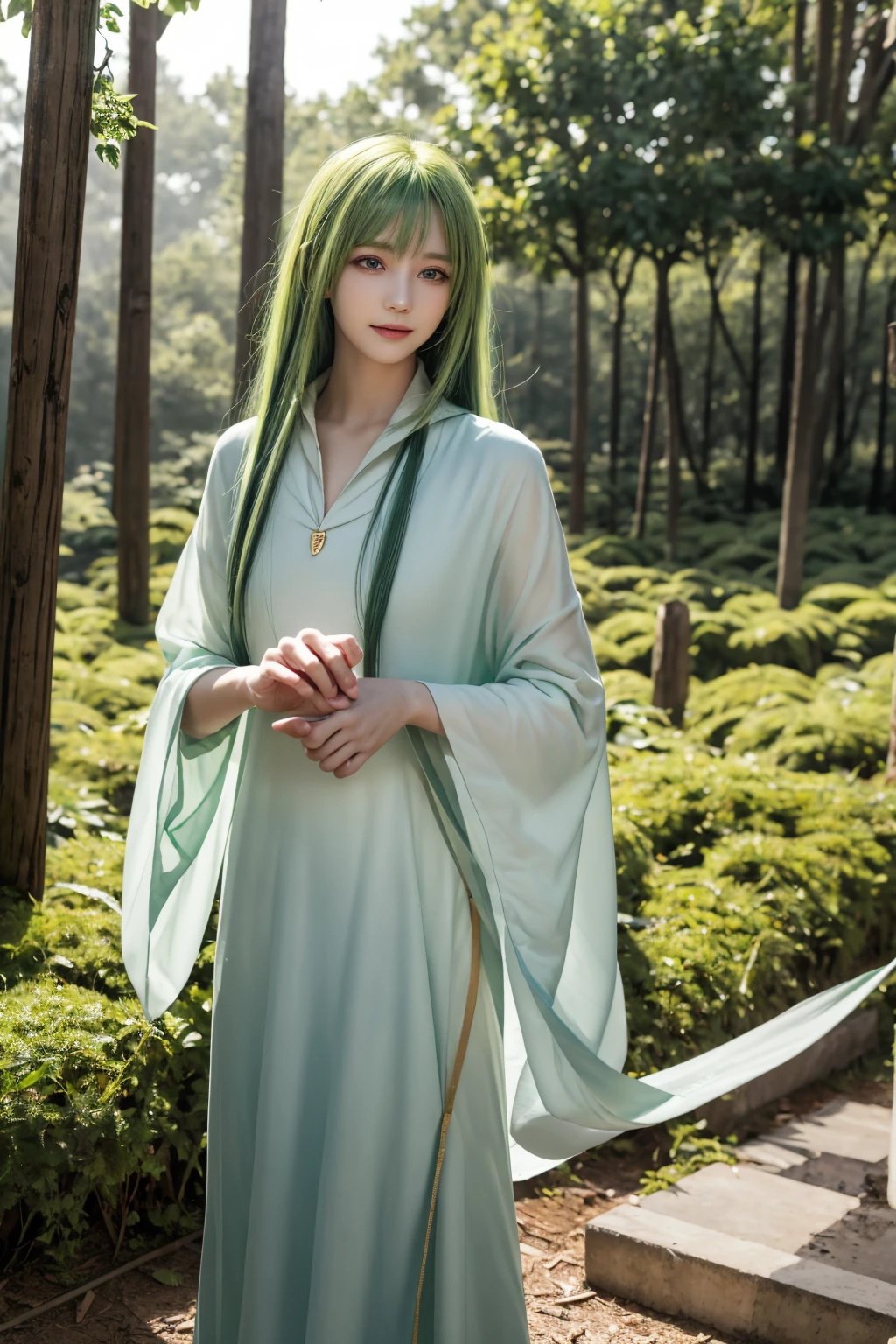 masterpiece,  top quality, Enkidu, White,  upper body,  gentle smile , standing,  Watch Viewers , forest ,one piece of cloth, green hair, hold out your hand