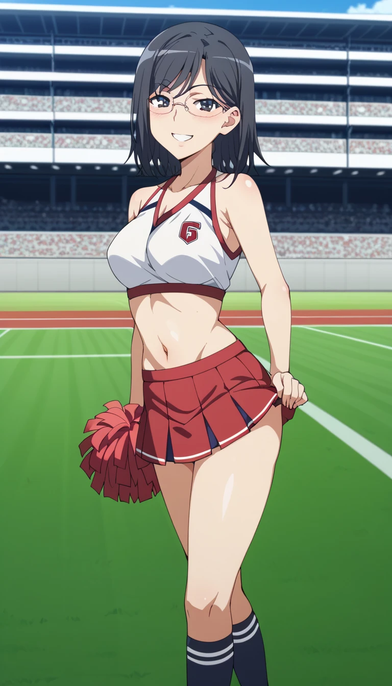 Yaoyorozu , standing , pov from top , big eyes , beautiful face , eyelashes , hot , cheerleader outfit , my hero academia style , big round breasts , sexy , thighs , anime style , cell shading , revealing thighs , side view , lifted skirt , sexy ass